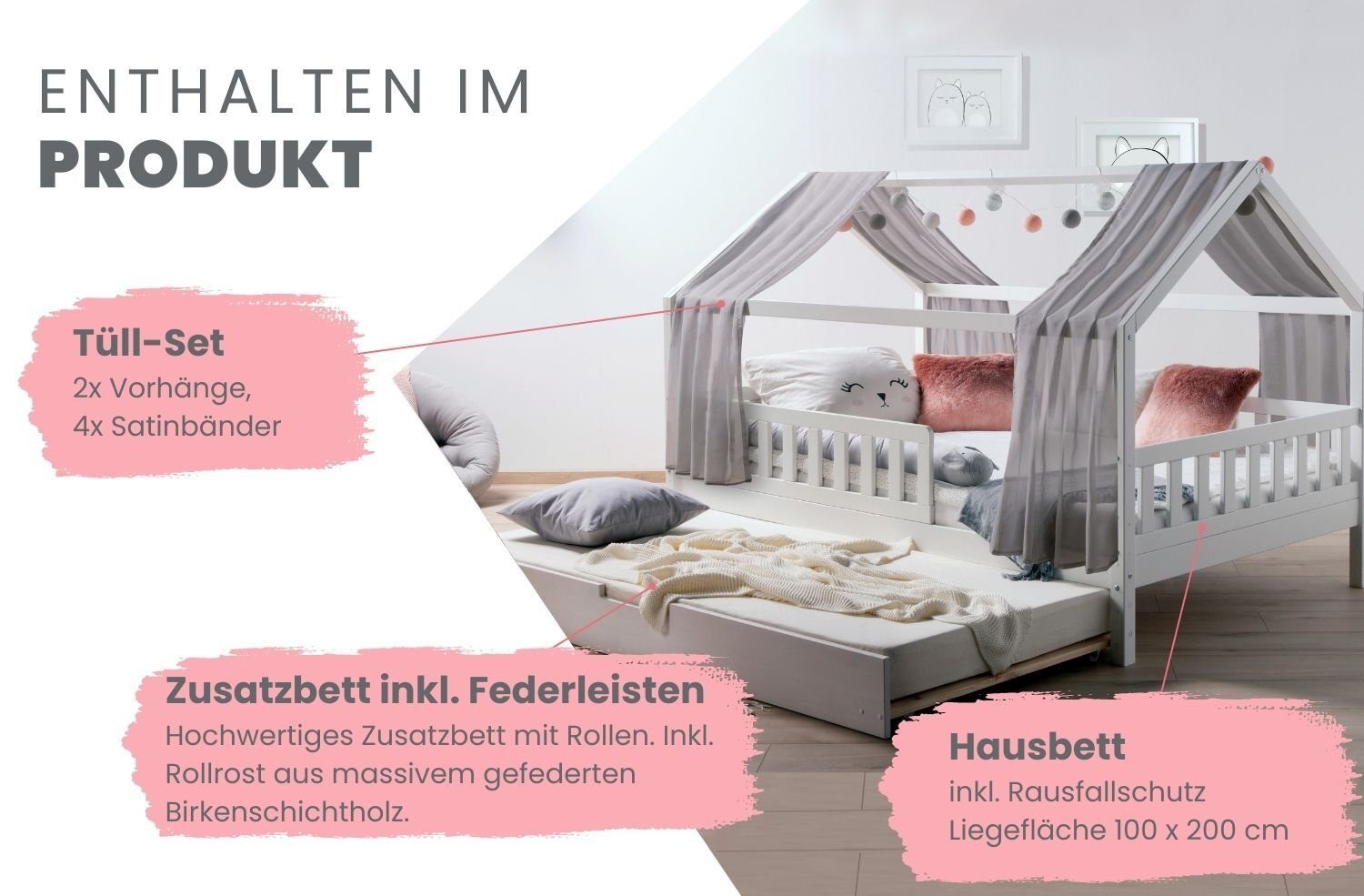 Ticaa Hausbett Kim mit Rausfallschutz und Zusatzbett aus Kiefer, Kinderbett 100x200, inkl. Tüll-Set, mit Rollrost