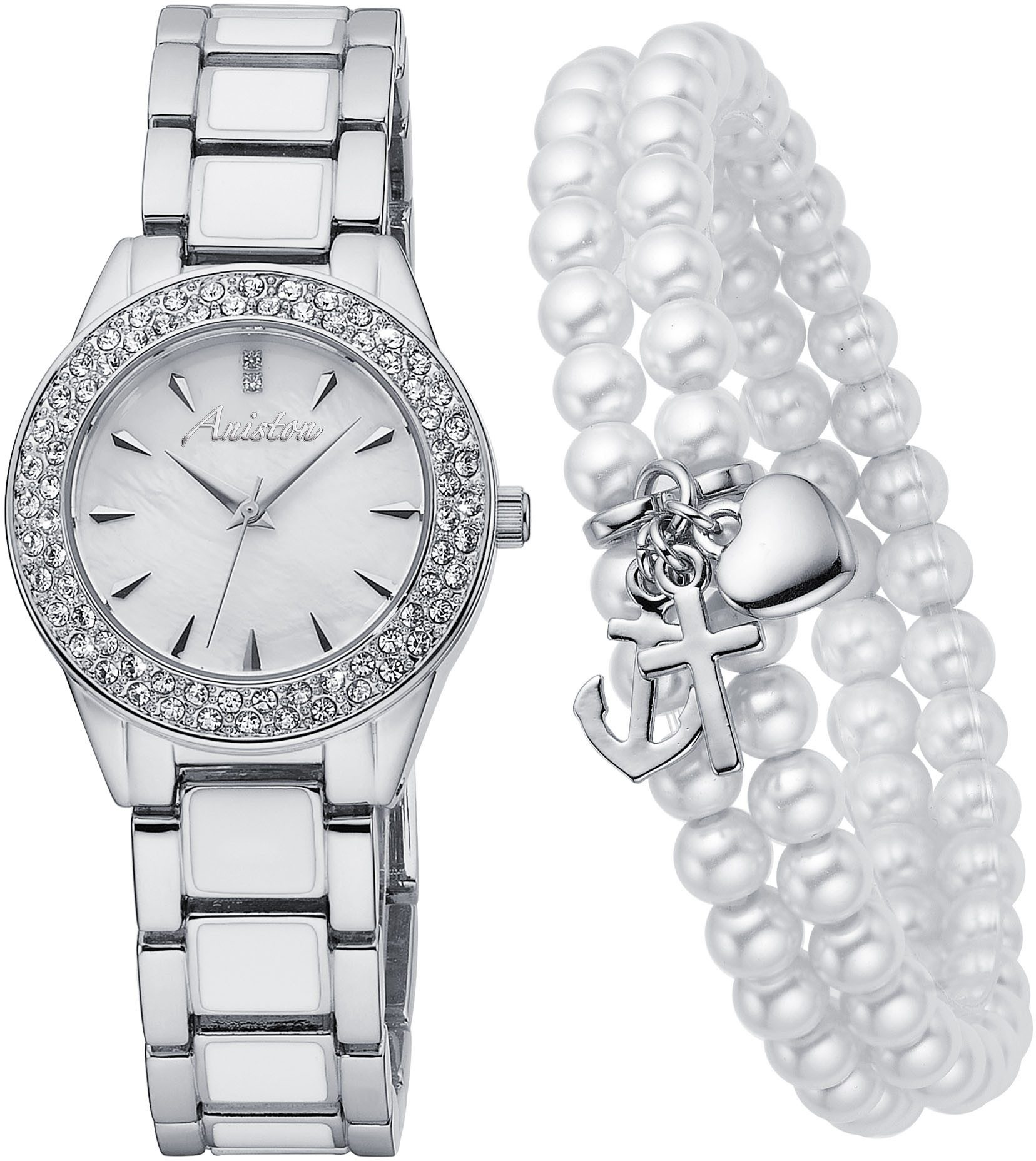 Aniston JEWELRY & WATCHES Quarzuhr, (Set, 2-tlg., mit 2-reihigem Armband), Armbanduhr, Damenuhr, Schmucksteine, neue Kollektion