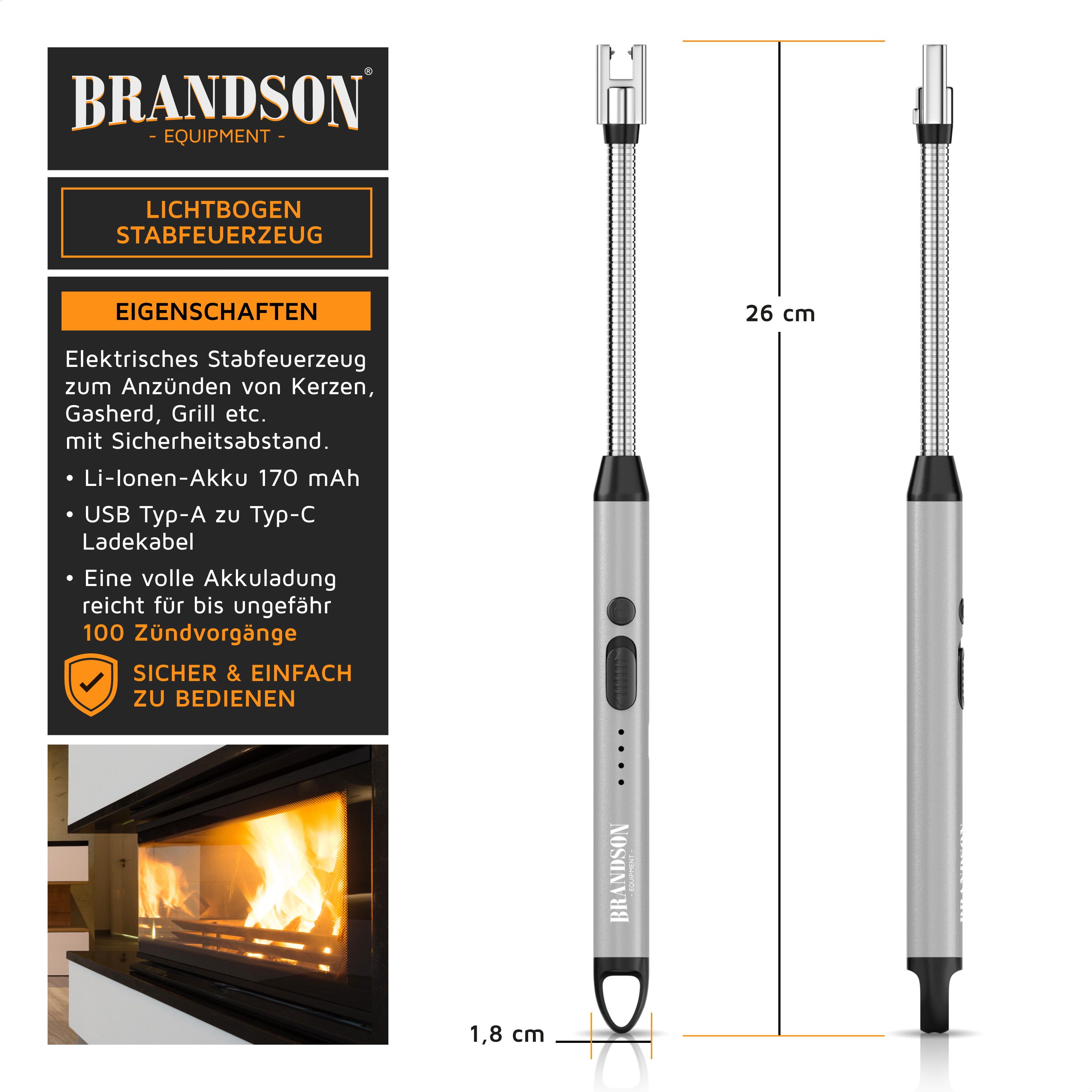 Brandson Feuerzeug elektrisch, Lichtbogen Stabfeuerzeug USB aufladbar, USB-C aufladbar, flexibler Hals für, Kerzen, Gasherde, Grill, Kamin