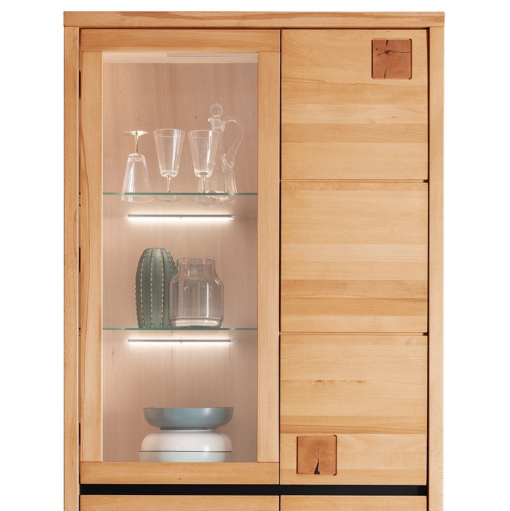 Lomadox Vitrine WINCHESTER-69 Vitrinenschrank Standvitrine 103 cm Buche massiv geölt Hirnholz-Detail