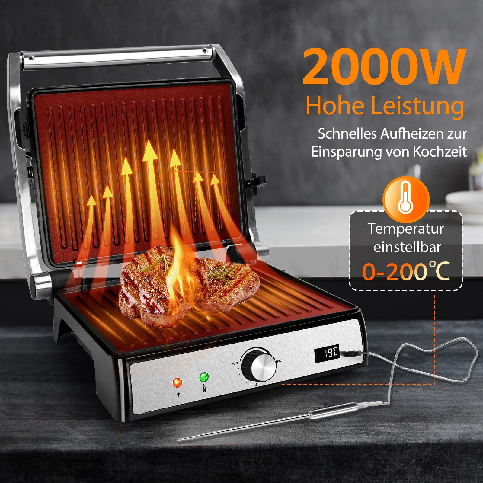 Aigostar Paninigrill Sandwichtoaster mit Lebensmittel-Sonde, Herausnehmbaren Platten, 2000 W, Automatischer Temperaturregelung, 180° Flach Aufklappbar