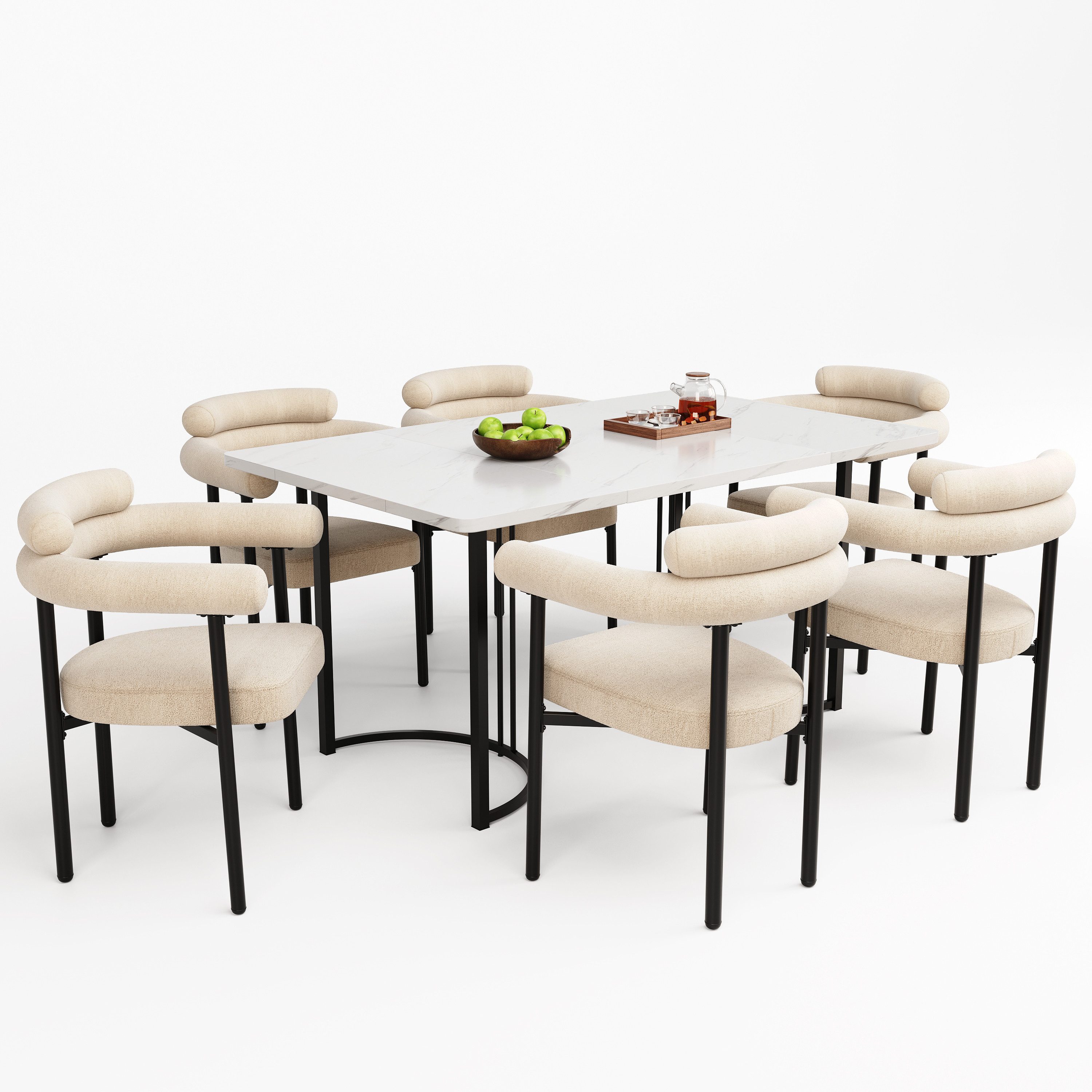 Essgruppe 7er Set Esstisch mit Tischbeinen aus Metall und 4 beige Samt-Stühle