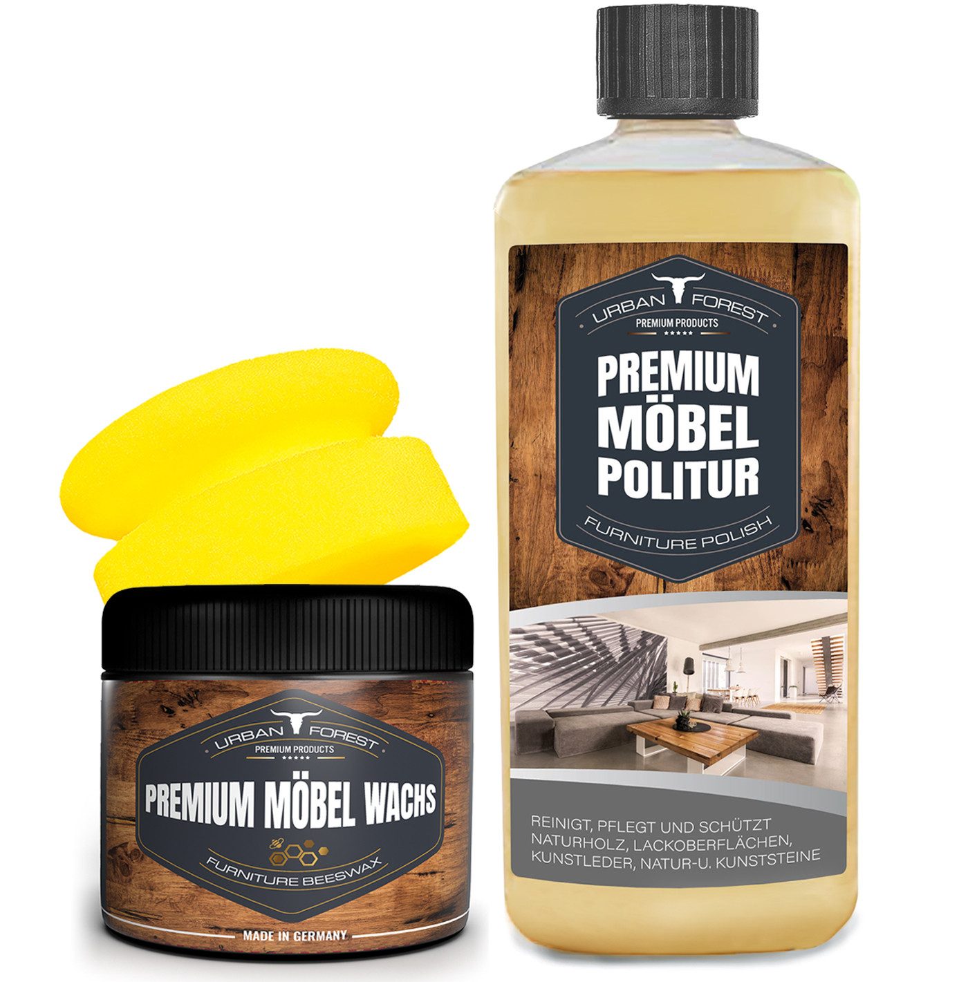 SET Möbelpolitur 500ml + Möbelwachs 250ml + Schwamm Holzreiniger