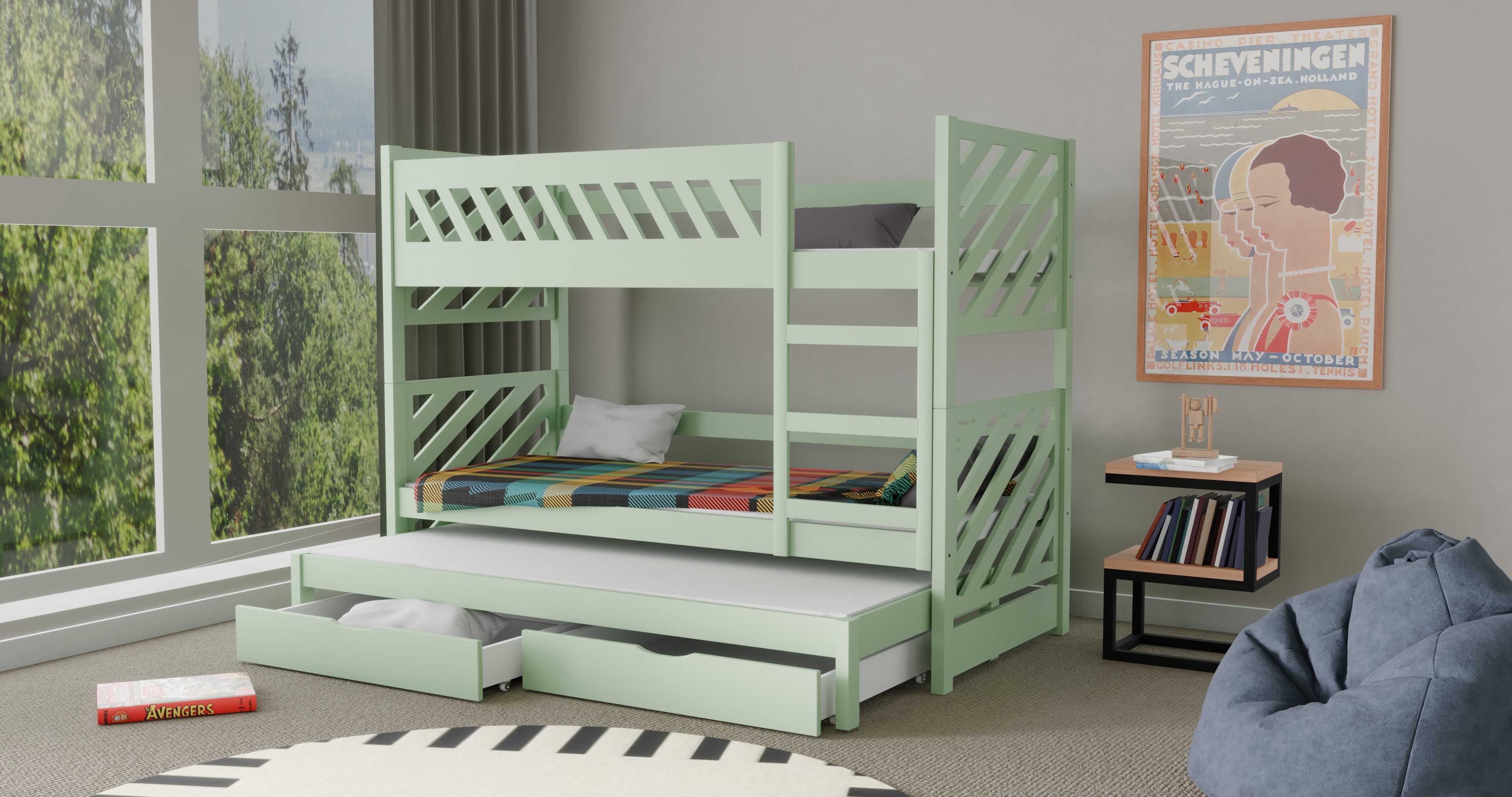thematys Etagenbett 90x200cm Hochbett mit Rausfallschutz Stockbett für 3 Kinder (MADE IN EU - zwei Schubladen, Ausziehbett - 90x200cm, Kinderbett für Jungen und Mädchen, robust, sicher, viele bunte Farben), umbaubar zu drei Kinderbetten + INKL 3 Schaumstoffmatratzen