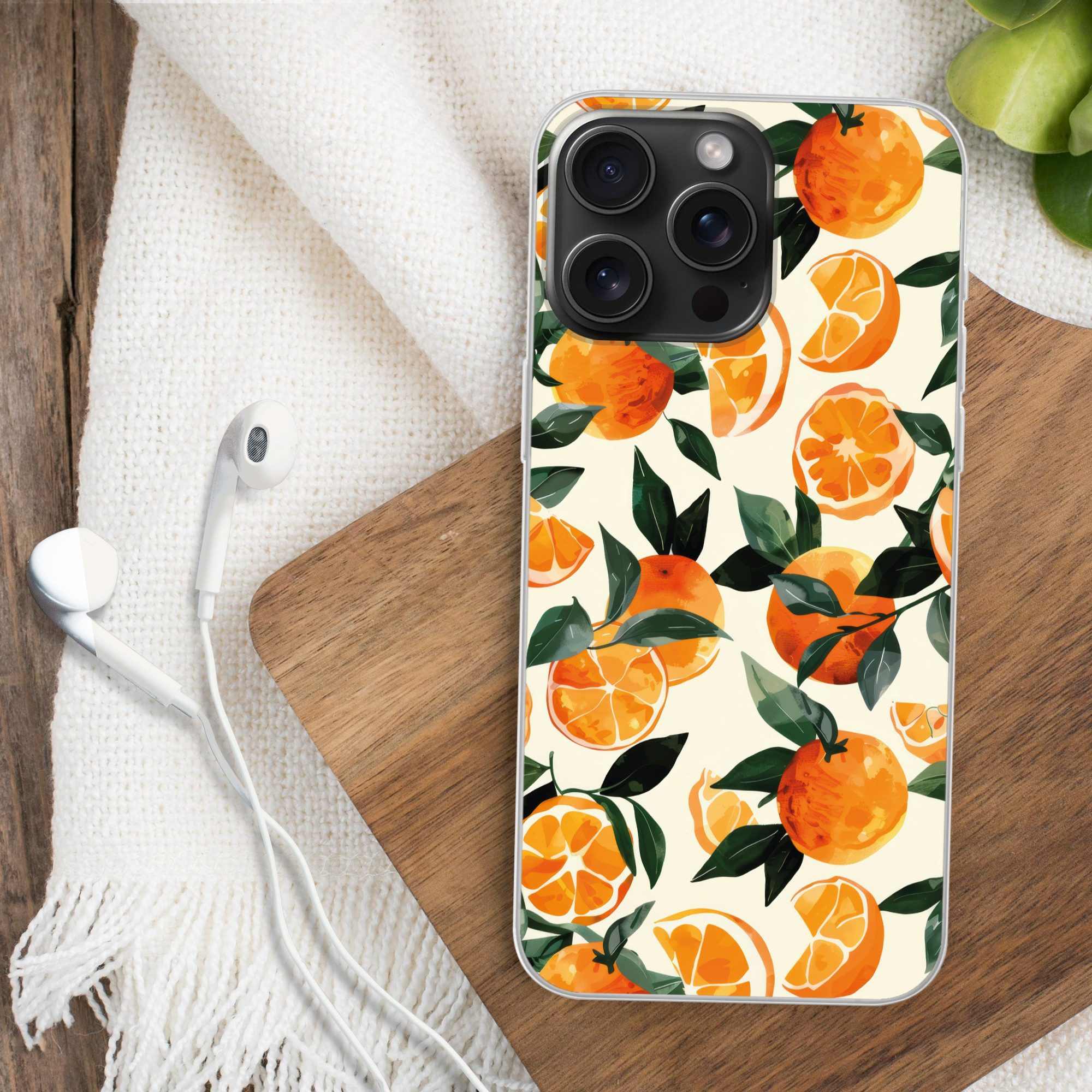 MuchoWow Handyhülle für Apple iPhone 15 Pro Max Orangen - Früchte - Blätter - Orange - Grü, Smartphone-Bumper, Print, Handy Schutzhülle Dünn