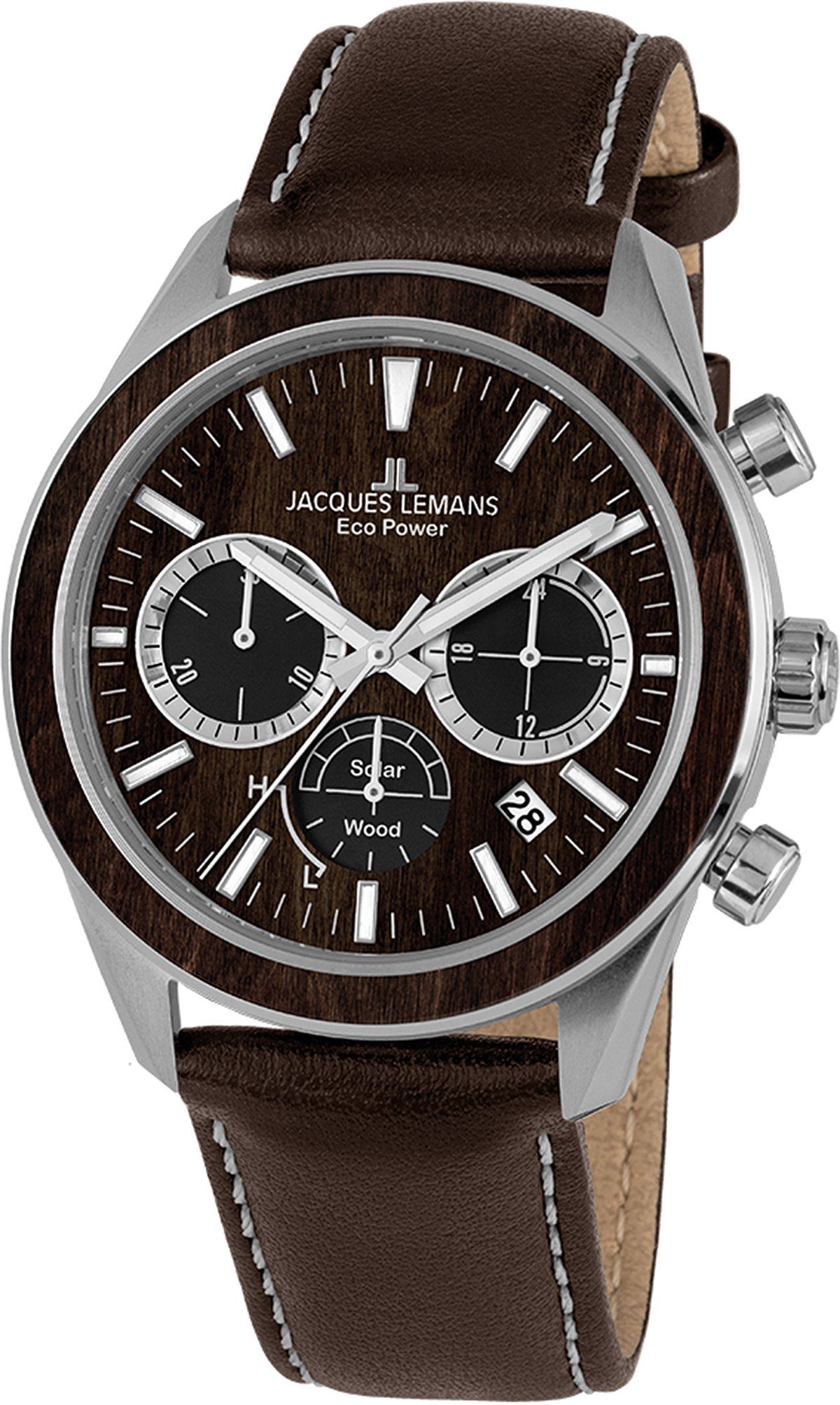 Jacques Lemans Solaruhr Eco Power Solar Wood, 1-2115C, Armbanduhr, Herrenuhr, Datum, Stoppfunktion, Holz-Zifferblatt