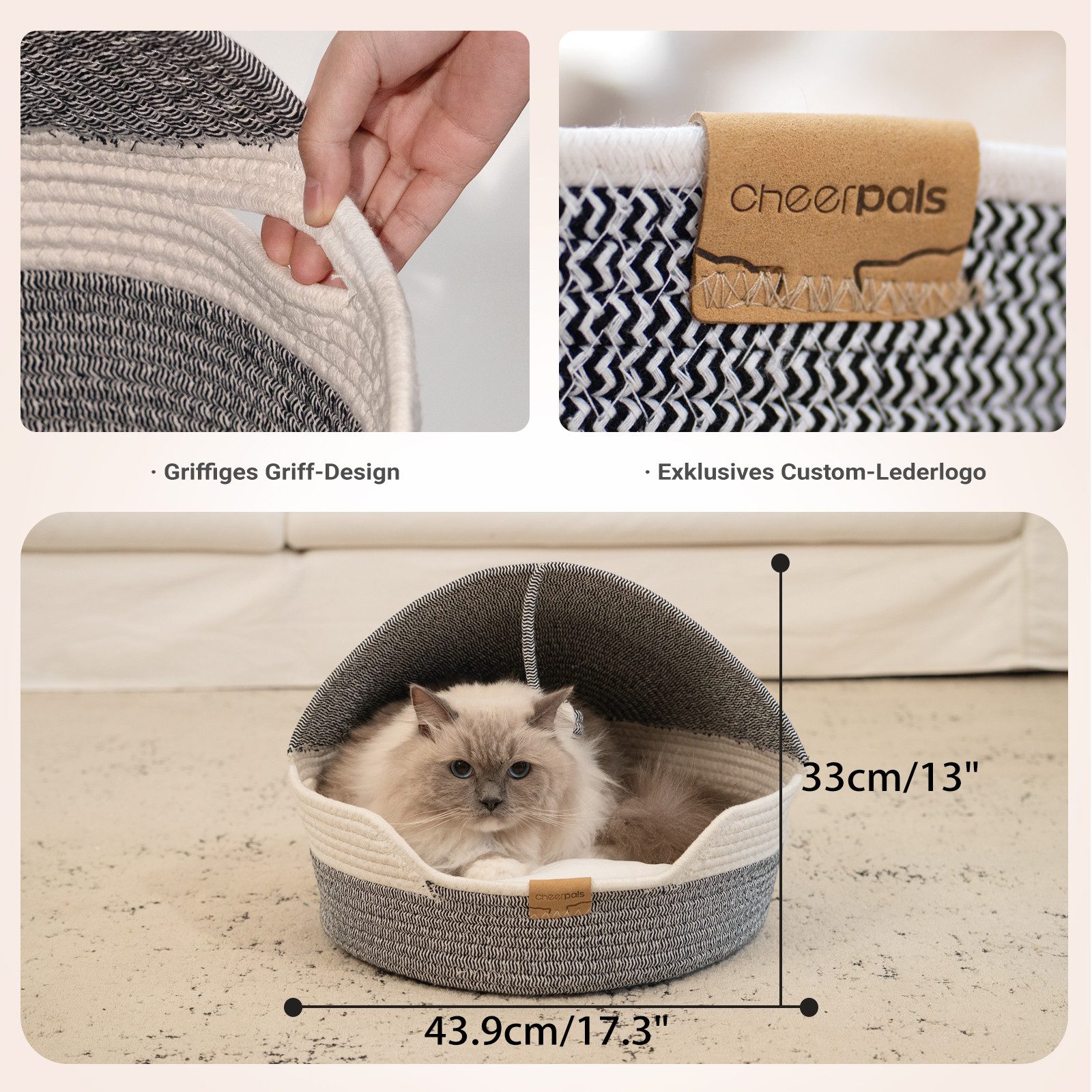 CheerPals Tierbett Geflochtene 2-in-1 Katzenhöhle & Katzenbett mit waschbarem Kissen, Vliesstoff/Polyester
