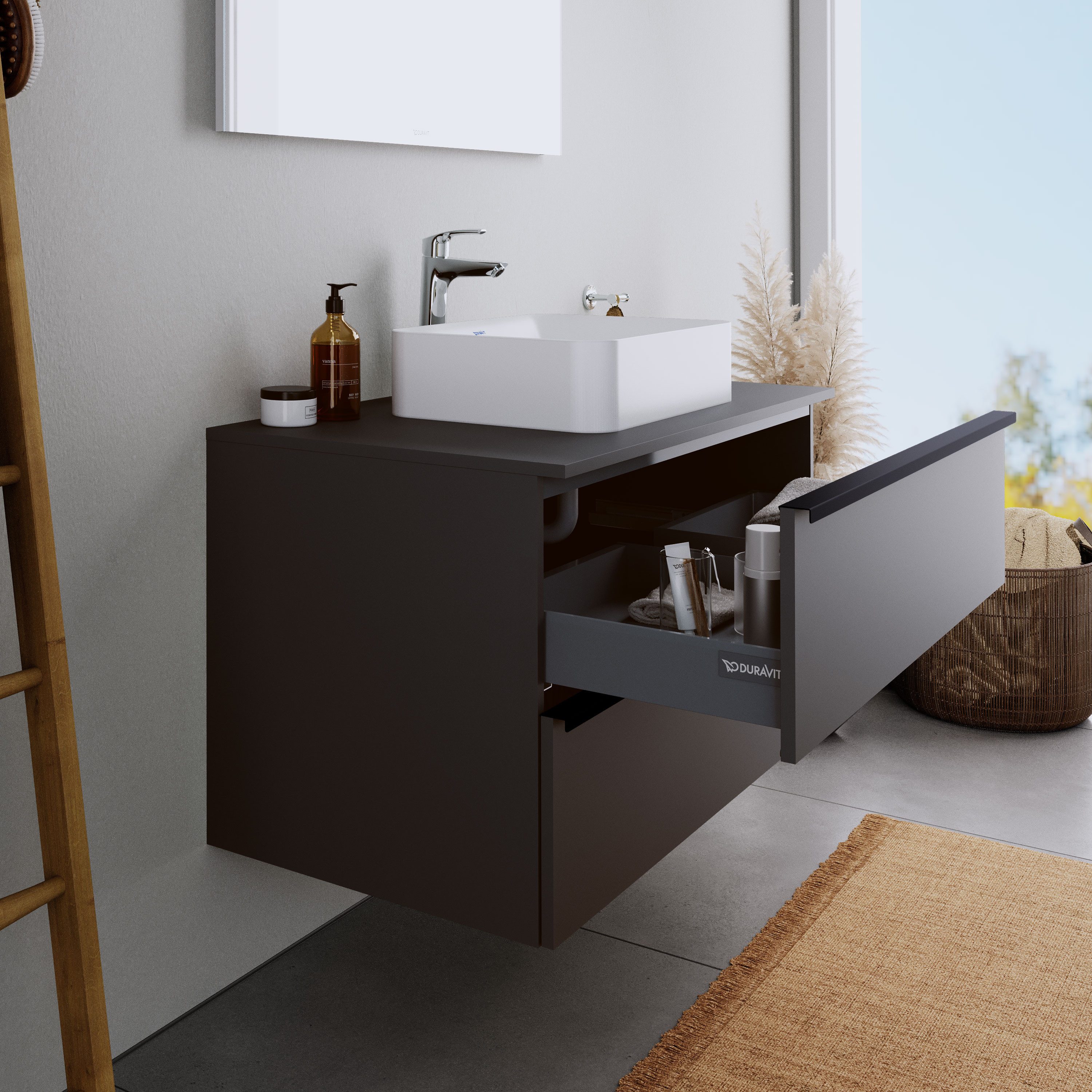 Duravit Waschbeckenunterschrank DuraPoint Graphit matt 100cm Waschtischunterschrank für Aufsatzbecken 2 Auszüge Griffleiste schwarz