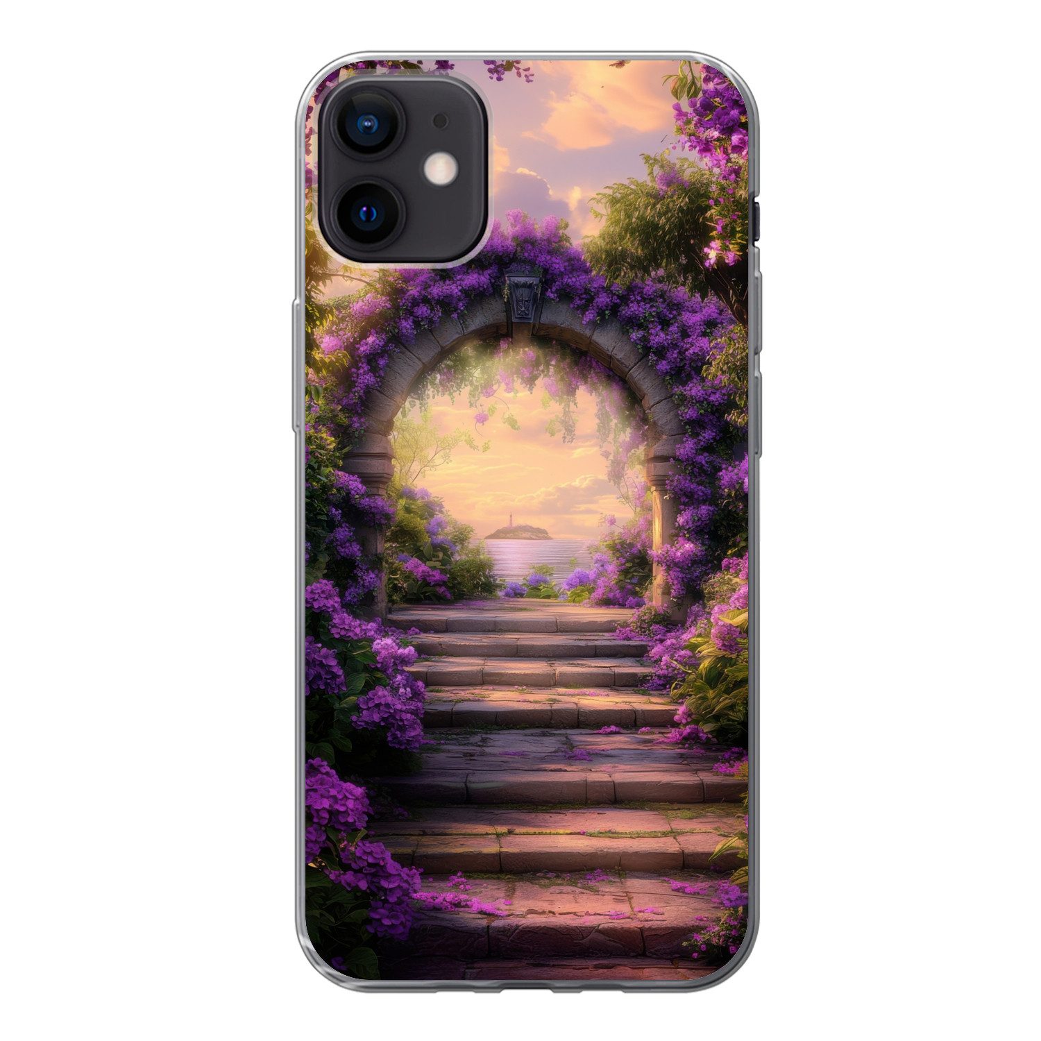 MuchoWow Handyhülle für Apple iPhone 12 Mini Tor - Lila - Blumen, Smartphone-Bumper, Print, Handy Schutzhülle Dünn