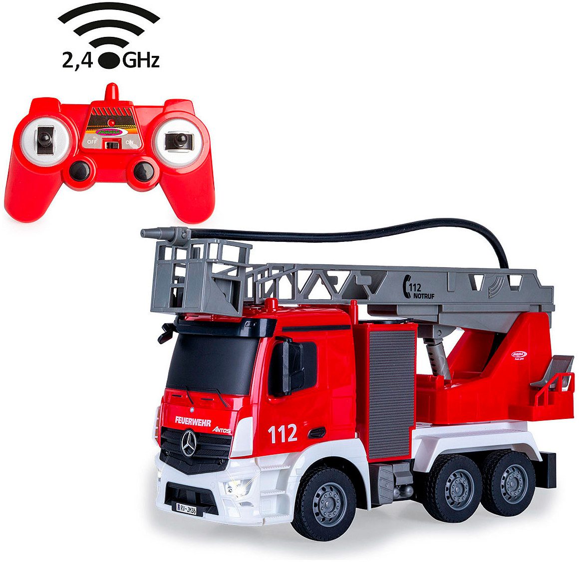 Jamara RC-LKW Feuerwehr Drehleiter Mercedes -Benz Antos 2,4GHz, mit Spritzfunktion; LED-Licht; Maßstab 1:26
