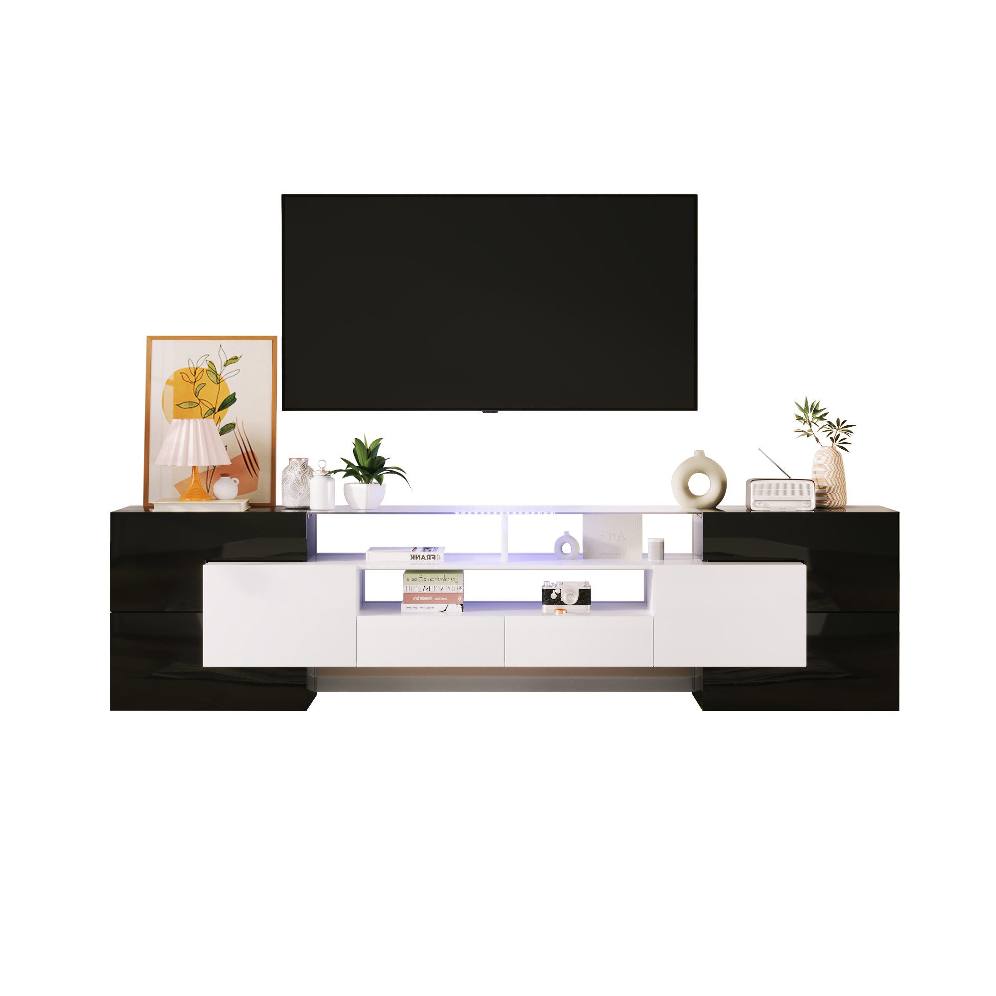 Merax Lowboard mit LED-Beleuchtung und Glasplatte, TV-Schrank mit hochglänz günstig online kaufen