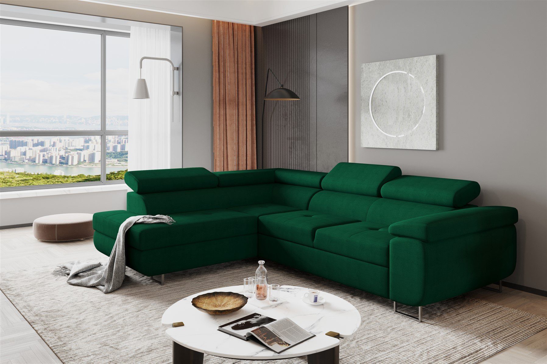 Fun Möbel Ecksofa Couchgarnitur JADE Stoff Dunkelgrün Schlaffunktion Ottomane, 1 Teile, mit Schlaffunktion