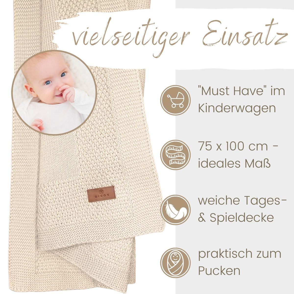 Babydecke DIKOS® Kuscheldecke Bordüre *100%* Bio Baumwolle, Geschenk zur Geburt, DIKOS, Strickdecke 75×100, Baby Erstausstattung Neugeborene, Babygeschenk – Bild 4 von 5