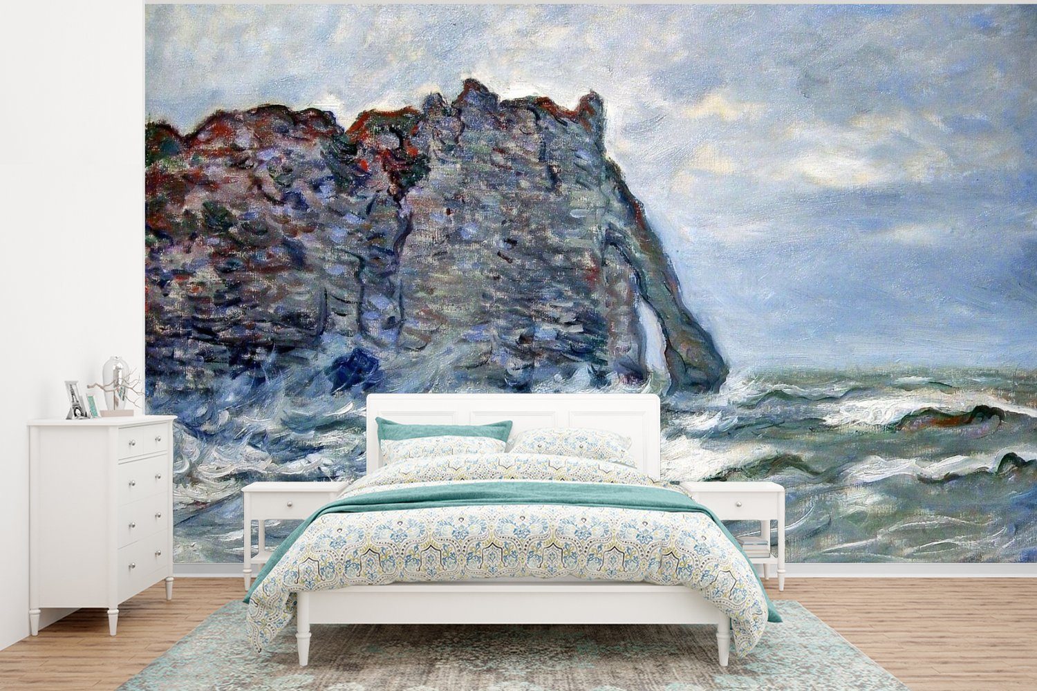 MuchoWow Fototapete Port d'Aval, Raue See - Gemälde von Claude Monet, Matt, bedruckt, (6 St), Wallpaper für Wohnzimmer, Schlafzimmer, Kinderzimmer, Vinyl Tapete