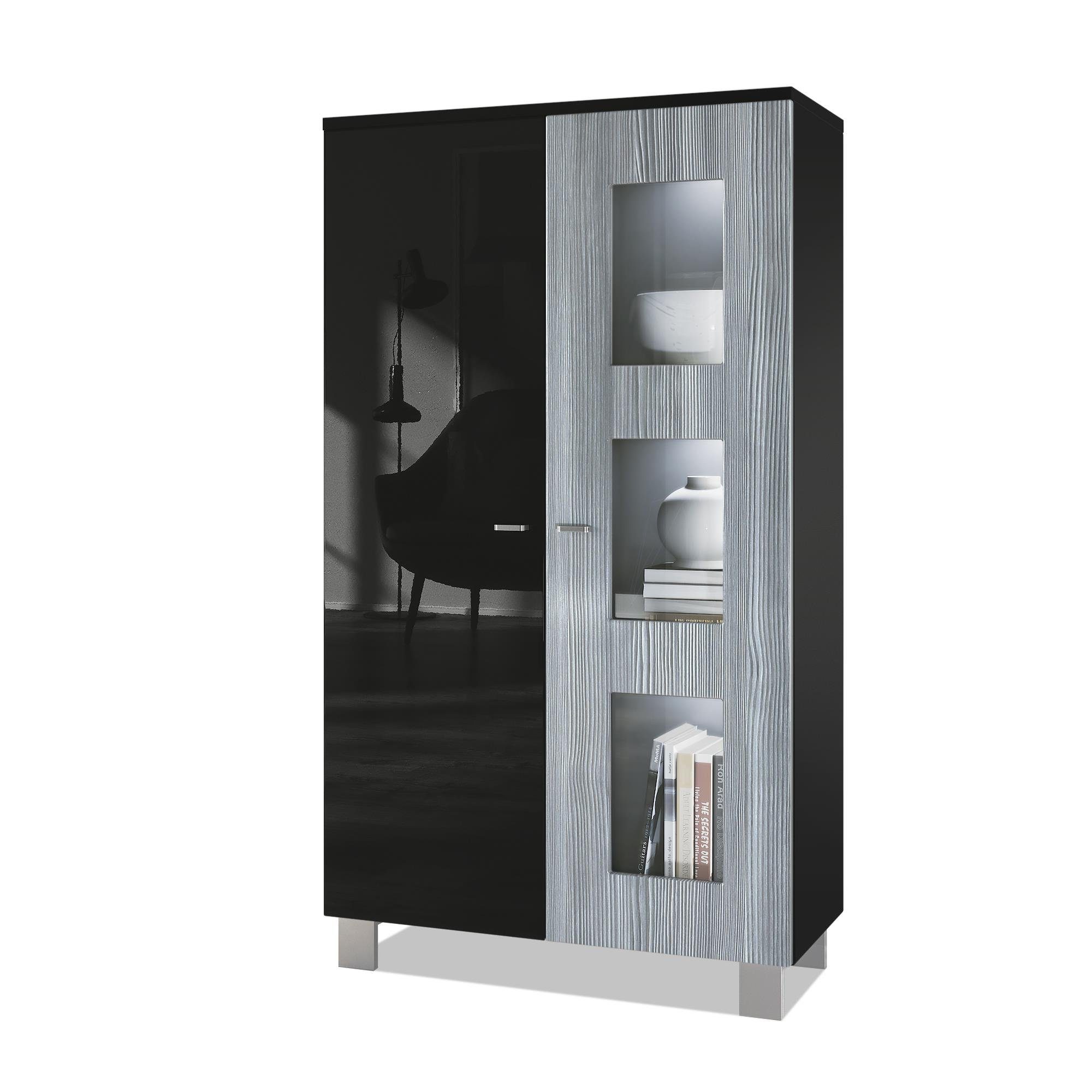 Vladon Standvitrine Denjo (Standvitrine, mit 2 Türen und 3 Glaseinsätzen) Schwarz matt&glänzend/ Avola-Anthrazit mit Beleuchtung (71x129x35 cm)