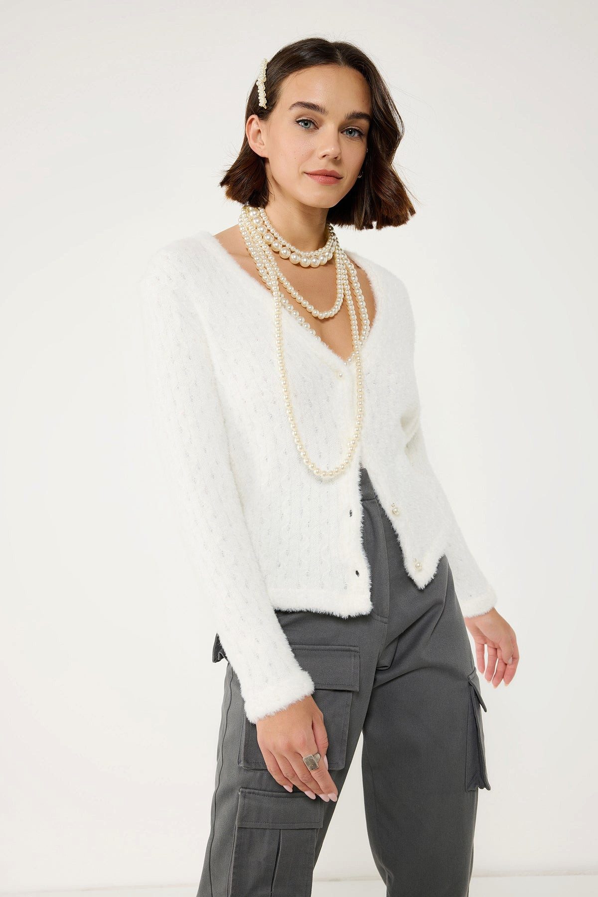 No Matter What Blusenjacke Weicher Strickcardigan mit Perlmuttknöpfen