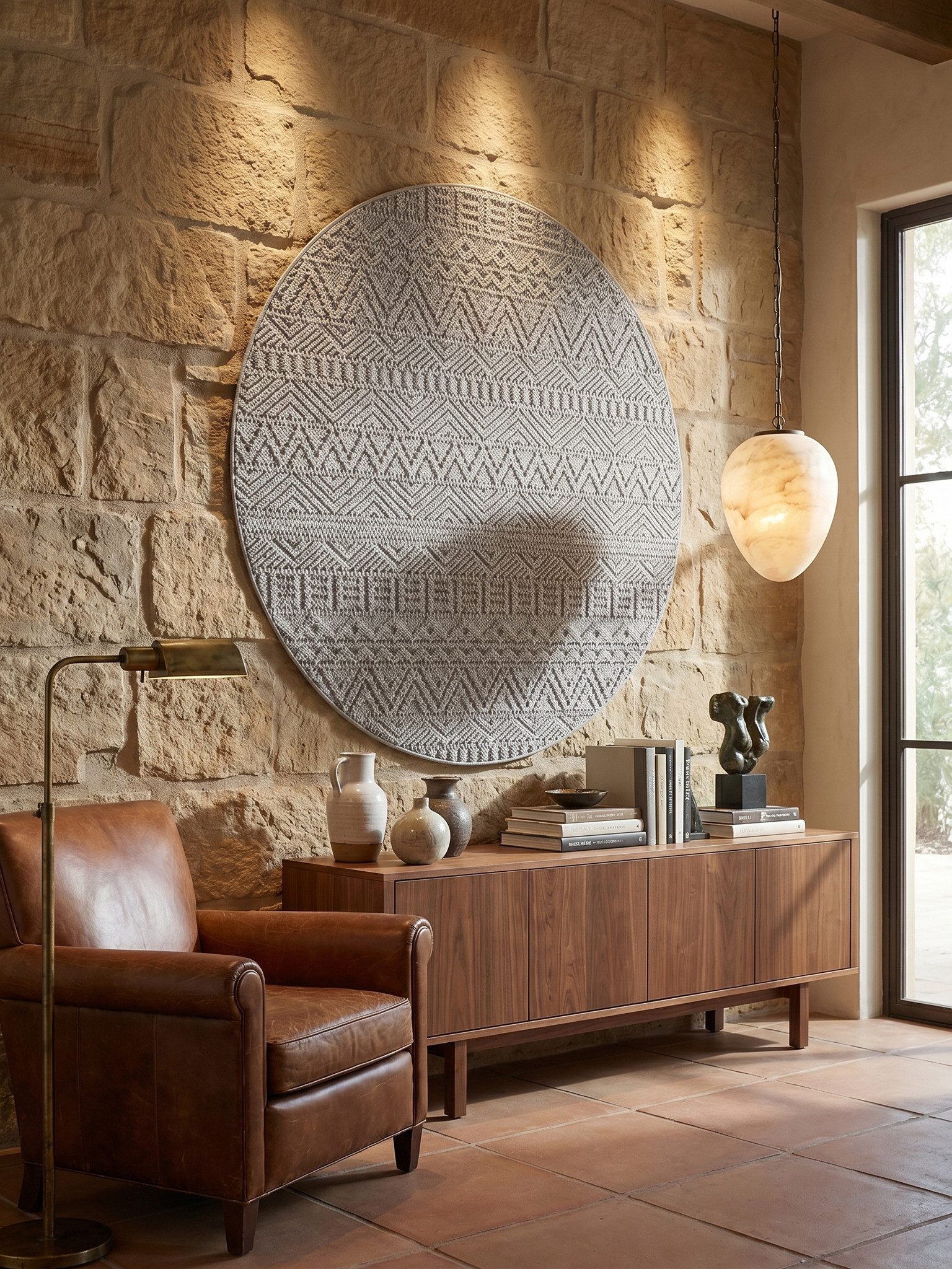 KADIMA DESIGN Teppich Boho Teppich LANGAU Ethno-Rauten Streifen Beige Creme Silber, Rund, Höhe: 7 mm, Silber, 80x80 cm, Saugroboter OEKO-TEX Fußbodenheizung Strapazierfähig