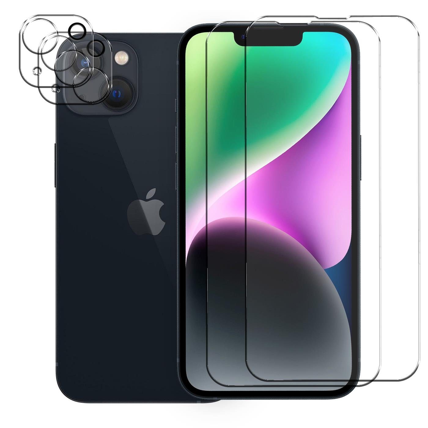 CoolGadget Schutzfolie Panzerfolie für iPhone 14, (Spar-Set 4in1, 2x Displayschutz, 2x Kameraschutz), Panzerglas Schutzfolie für Apple iPhone 14 Folie