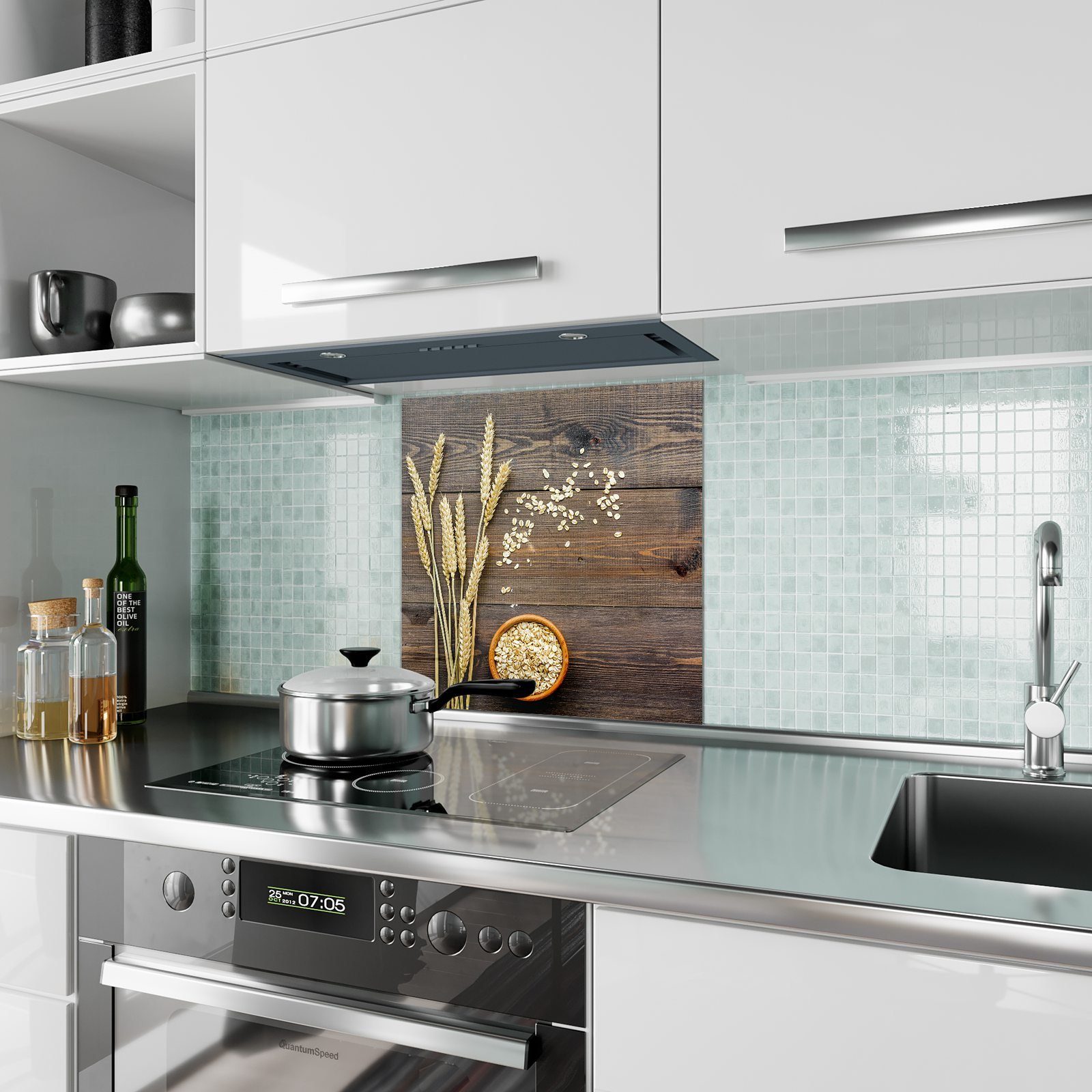 Glas Küchenrückwand auf Spritzschutz Küchenrückwand Hafer Primedeco Holztisch Motiv mit