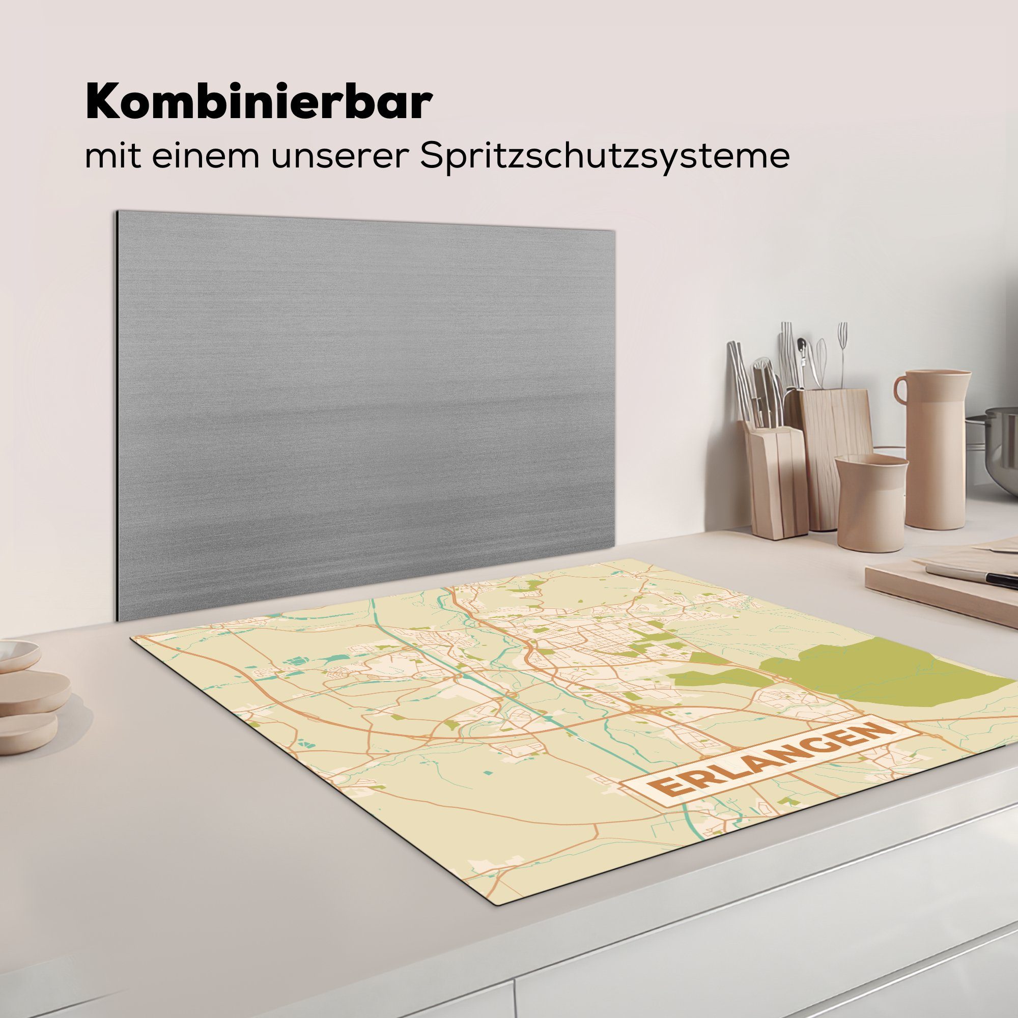 küche Karte Herdblende-/Abdeckplatte Stadtplan, - Vinyl, Ceranfeldabdeckung, (1 - - cm, Erlangen Vintage MuchoWow 78x78 für tlg), Arbeitsplatte