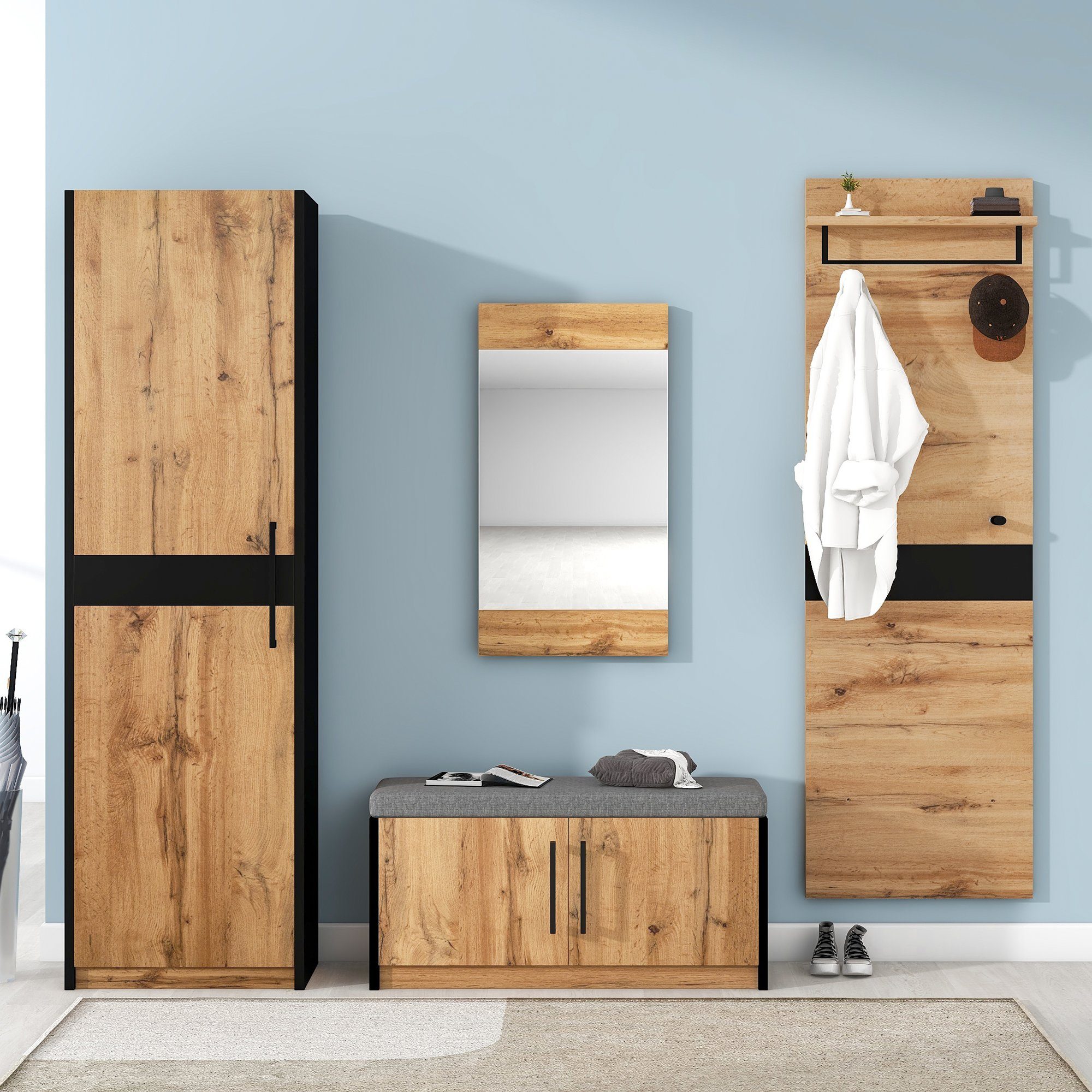 Merax Garderoben-Set Flurgarderoben Set in Wildeiche, (4-St), Kompaktgarderobe mit Spiegel für Ihren Eingangsbereich