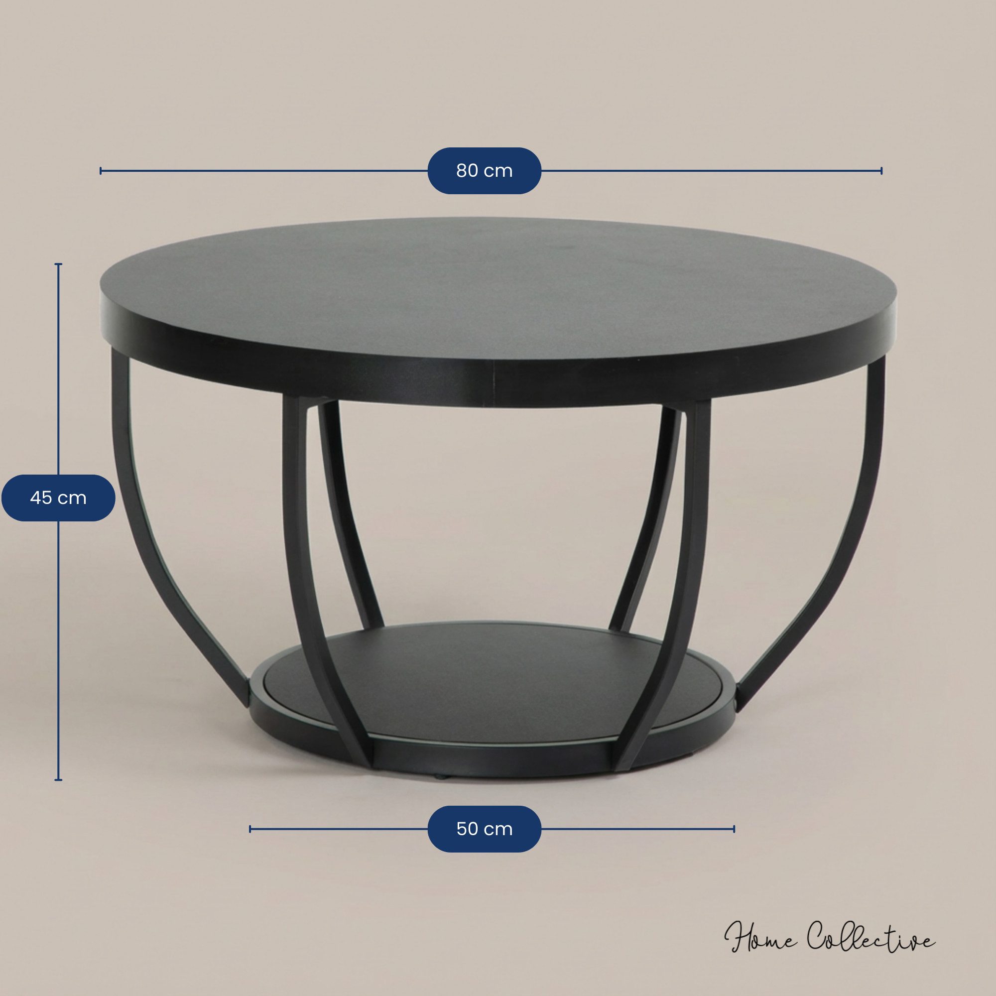Home Collective Couchtisch Beistelltisch rund Ø 80 cm moderner Wohnzimmertisch mit 2 Ablagen (ideal als Büro Ablagetisch oder als Wohnzimmer Deko), hochwertiges – Bild 3 von 5