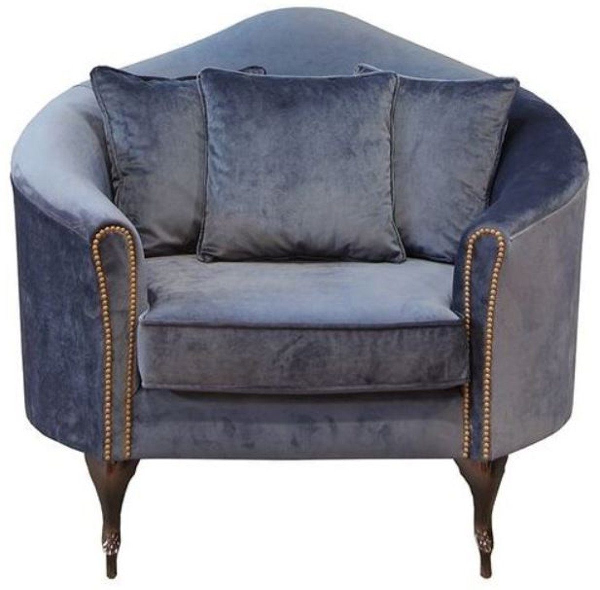 Casa Padrino Sessel Luxus Barock Samt Sessel Blau / Dunkelbraun 120 x 90 x  H. 100 cm - Edler Wohnzimmer Sessel mit dekorativen Kissen - Barock  Wohnzimmer Möbel - Luxus Qualität