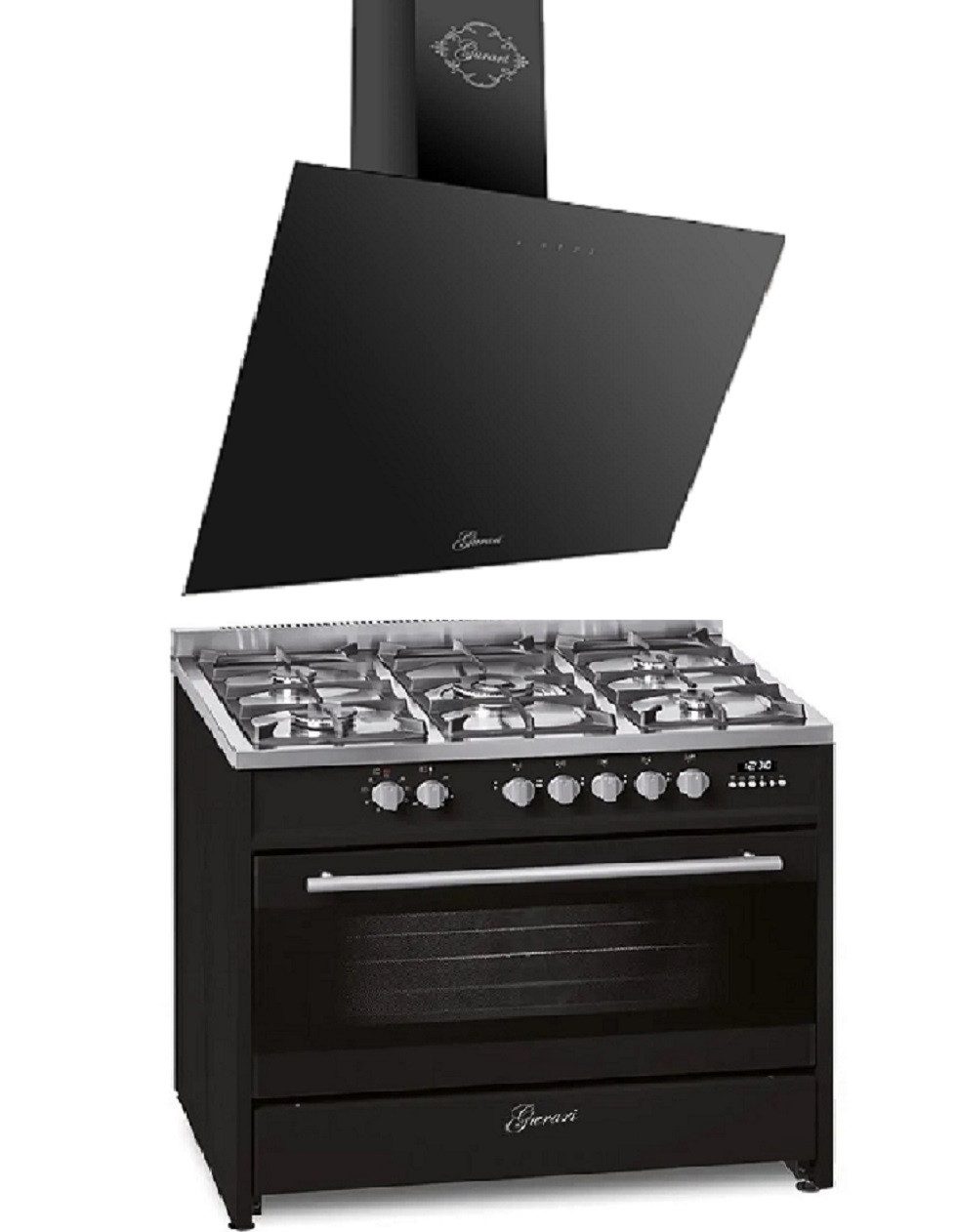 GURARI Gas-Standherd 90 cm Range Cooker 121L +Dunstabzugshaube 90cm GCH E 911 BL+GCH 286 Bl 9 Prime N, mit 1-fach-Teleskopauszug