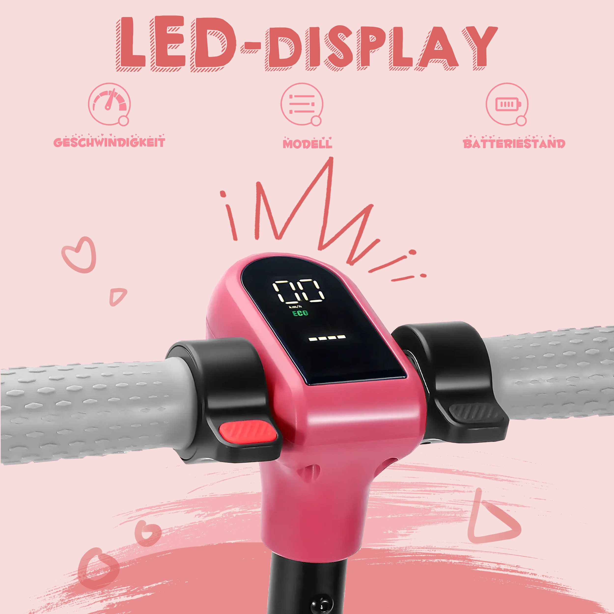 Vankel E-Scooter E-Scooter Kinder, ab 6 Jahren, Elektro Kinderroller, Bunte Leuchten, 14 km/h, (LED-Display, Frontlicht, rutschfeste Trittfläche), 6,5 Zoll E-roller, Cityroller, mit Bluetooth-Lautsprecher, E-Bremse