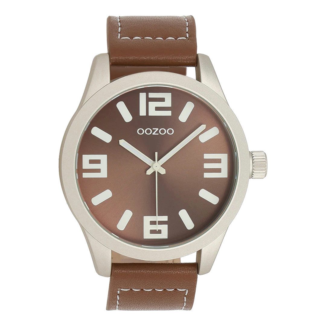 Quarzuhr XXL Unisex Uhr C0910 Creme Braun 46 mm Lederband Quarzuhr