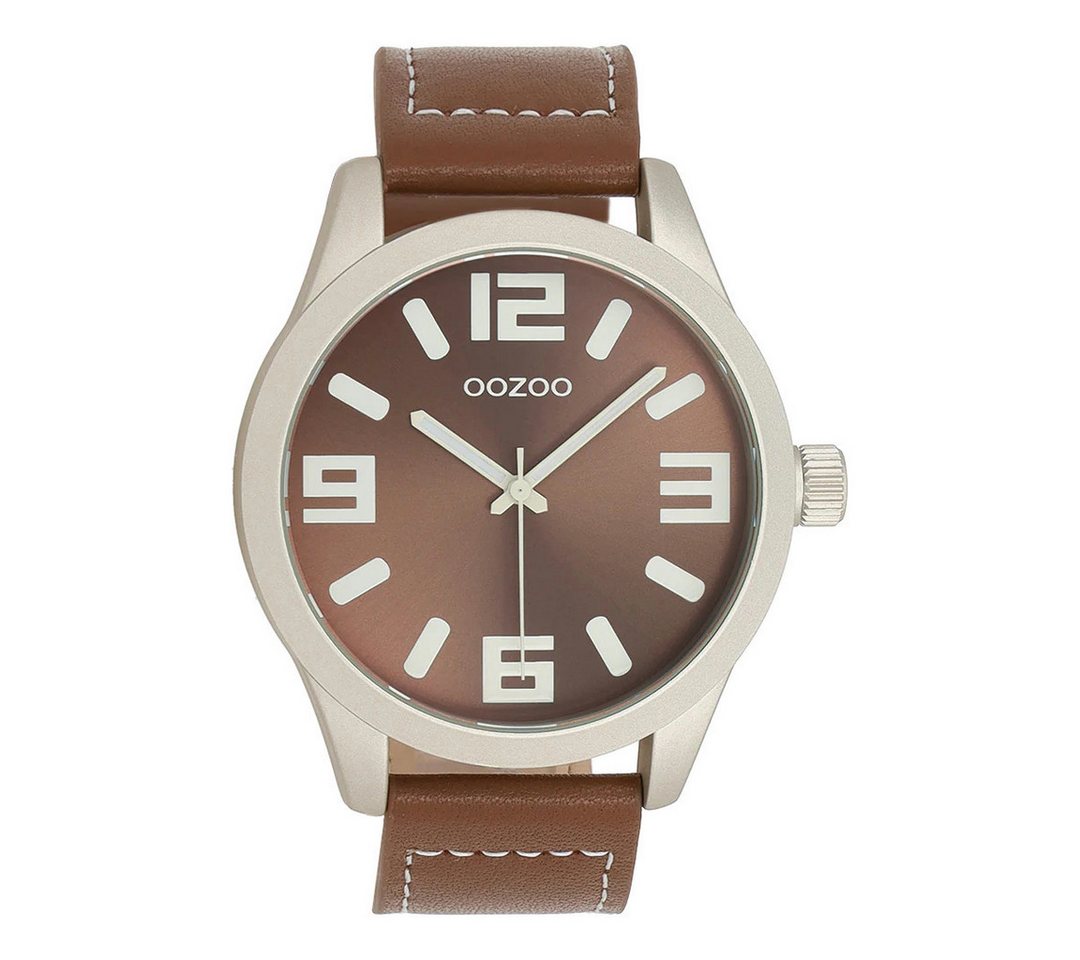 OOZOO Quarzuhr XXL Unisex Uhr C0910 Creme Braun 46 mm Lederband Quarzuhr