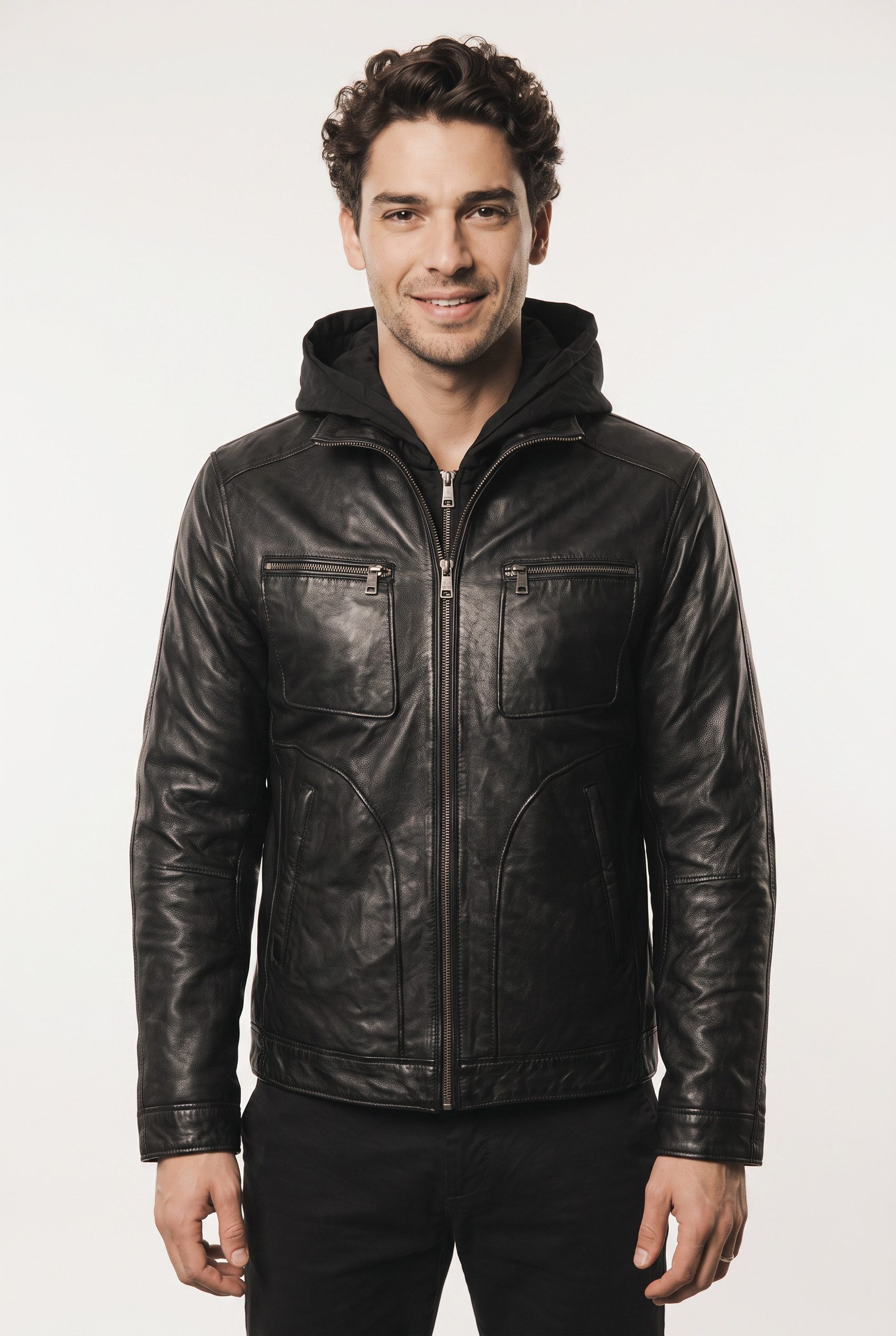 Mauritius Lederjacke MMHocki (mauritiusHerren26) im Biker-Stil mit Kapuze aus Nylon