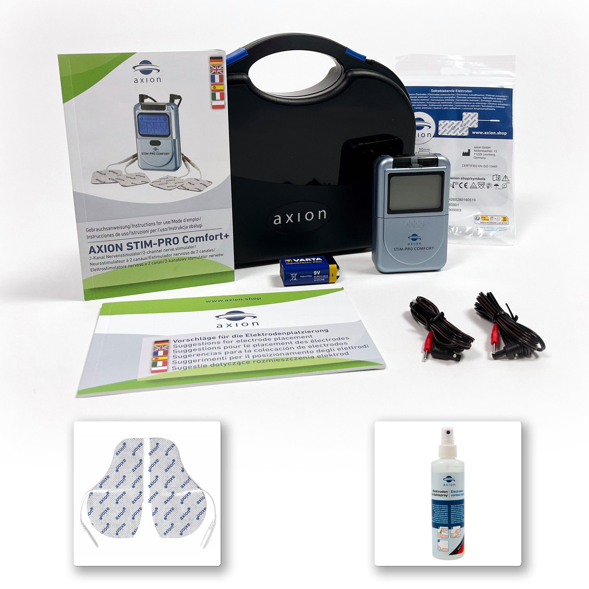 Axion TENS-Gerät STIM-PRO COMFORT TENS Gerät gegen Schmerzen, MEDIZINPRODUKT, mit Reinigungsspray und Nackenelektrode