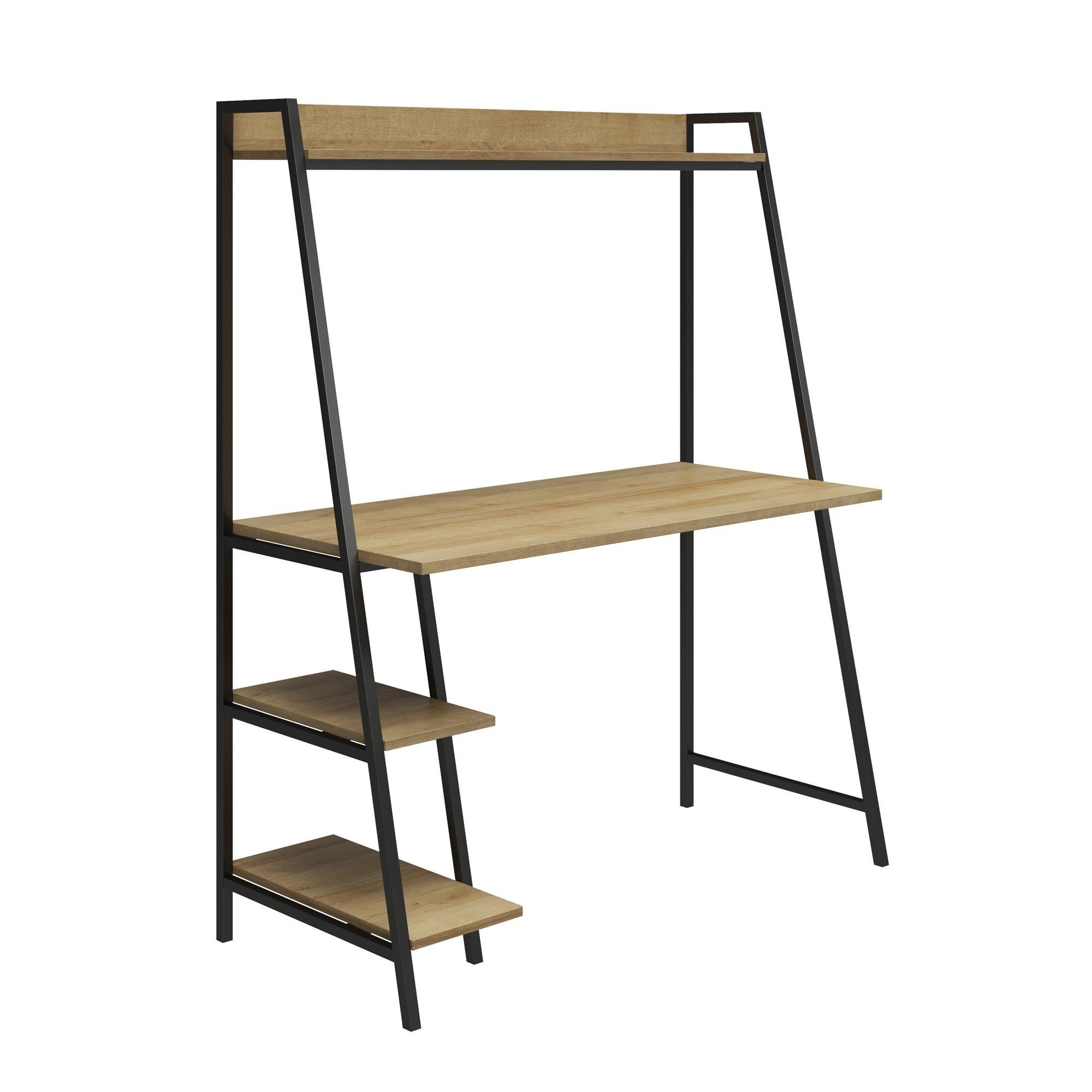 loft24 Schreibtisch Bushwick, Leiter Schreibtisch aus Holzwerkstoff mit Metallgestell natur | schwarz | natur