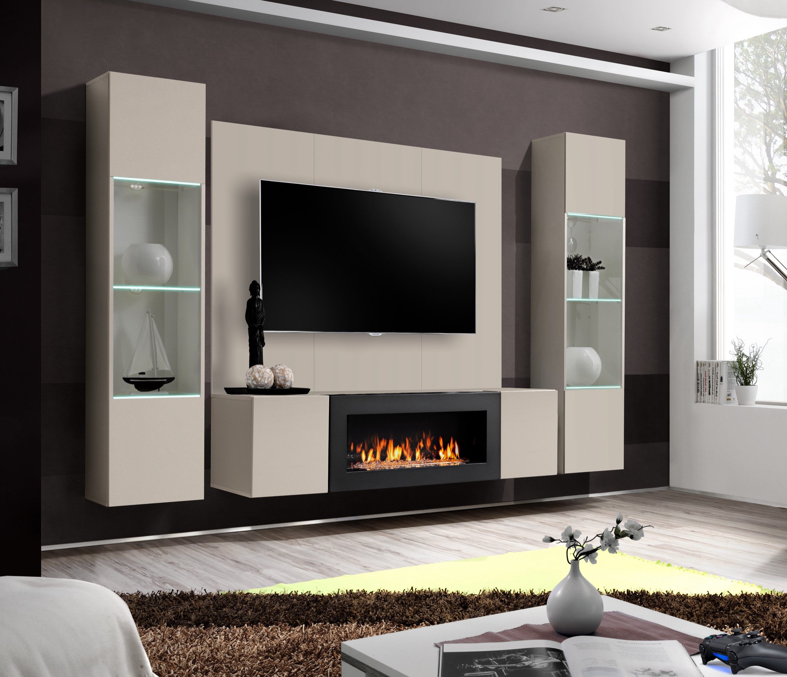 ASM-Moebel Wohnwand Wohnwand FLY M3 CC mit Push-Click System mit Bio Ethanol Kamin und Led, Mit Bio-Ethanol Kamin, Led Beleuchtung und Push-Click System.