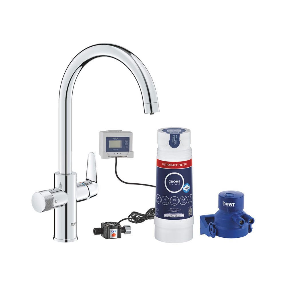 Grohe Küchenarmatur Blue Pure BauCurve C-Auslauf Starter Kit mit ultra safe Filter Chrom