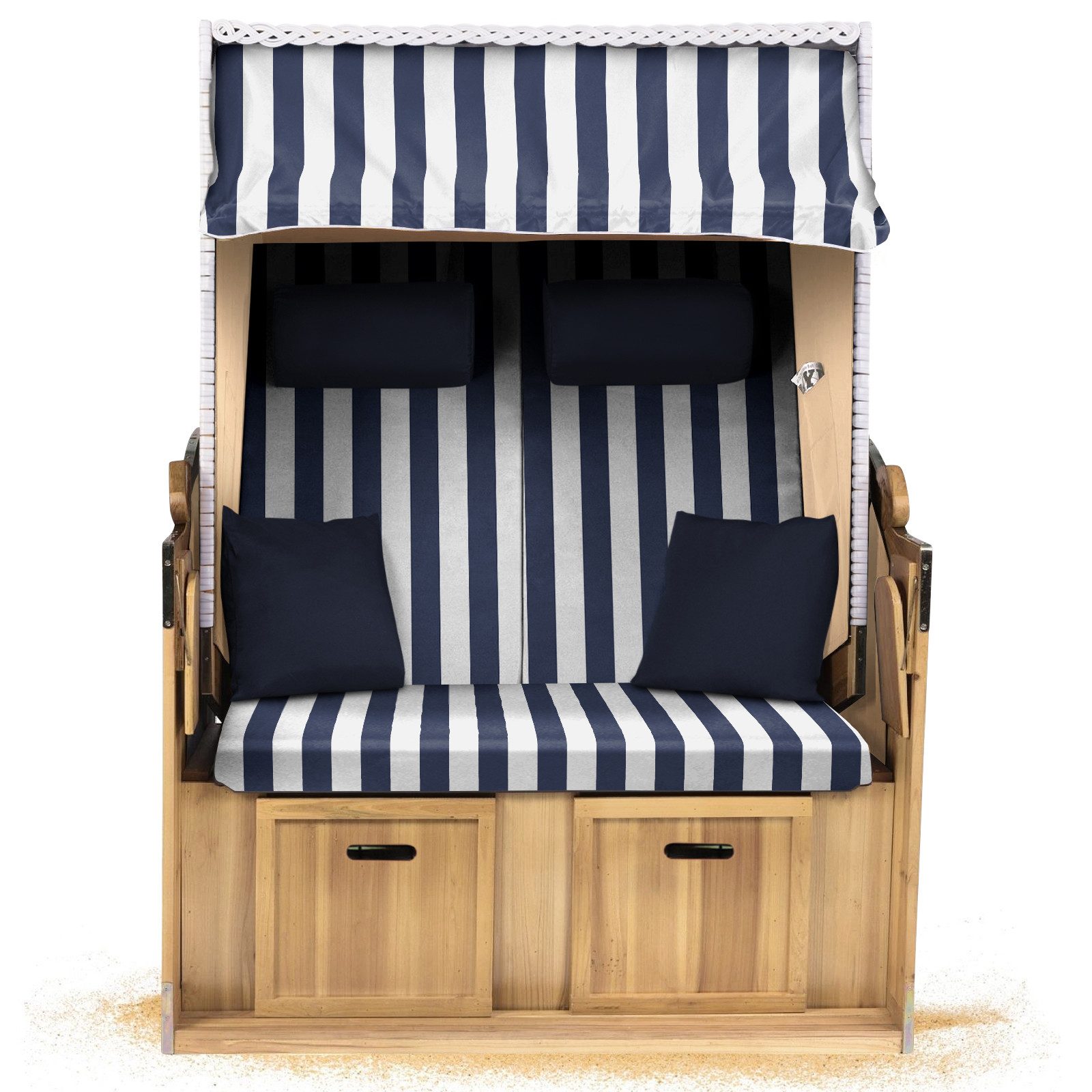 Strandkorb Hanse Strandkorb Strandkorb 2-Sitzer Ostsee Volllieger in Weiß Beige Blau, BxTxH: 120x80x160 cm, Ostsee Volllieger, Ostsee 2-Sitzer Modell 2025, Stabiles Wacholder mit handgefertigtem Polyrattangeflecht