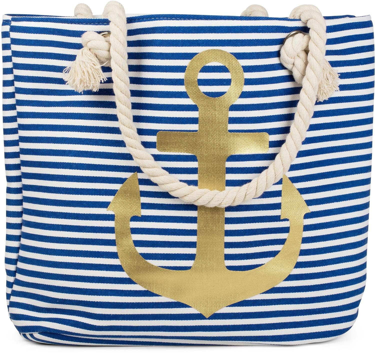 styleBREAKER Strandtasche (1-tlg), Blau-Weiß Gold mit Anker und Strandtasche / Streifen