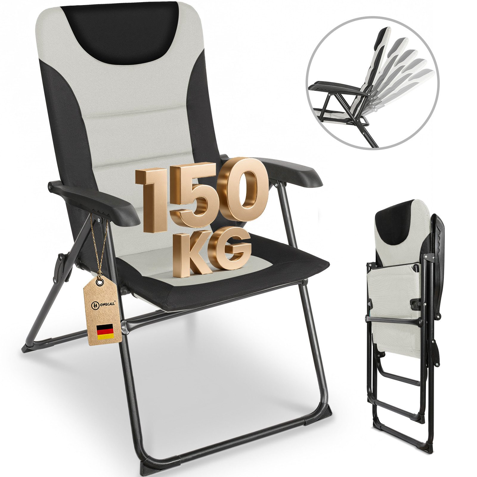 HOMECALL Campingstuhl Gartenstuhl Gepolsterter Klappstuhl für Wohnwagen Outdoors-150kg (1 St), Hochlehner Anglerstuhl mit 5-fach verstellbarer Rückenlehne
