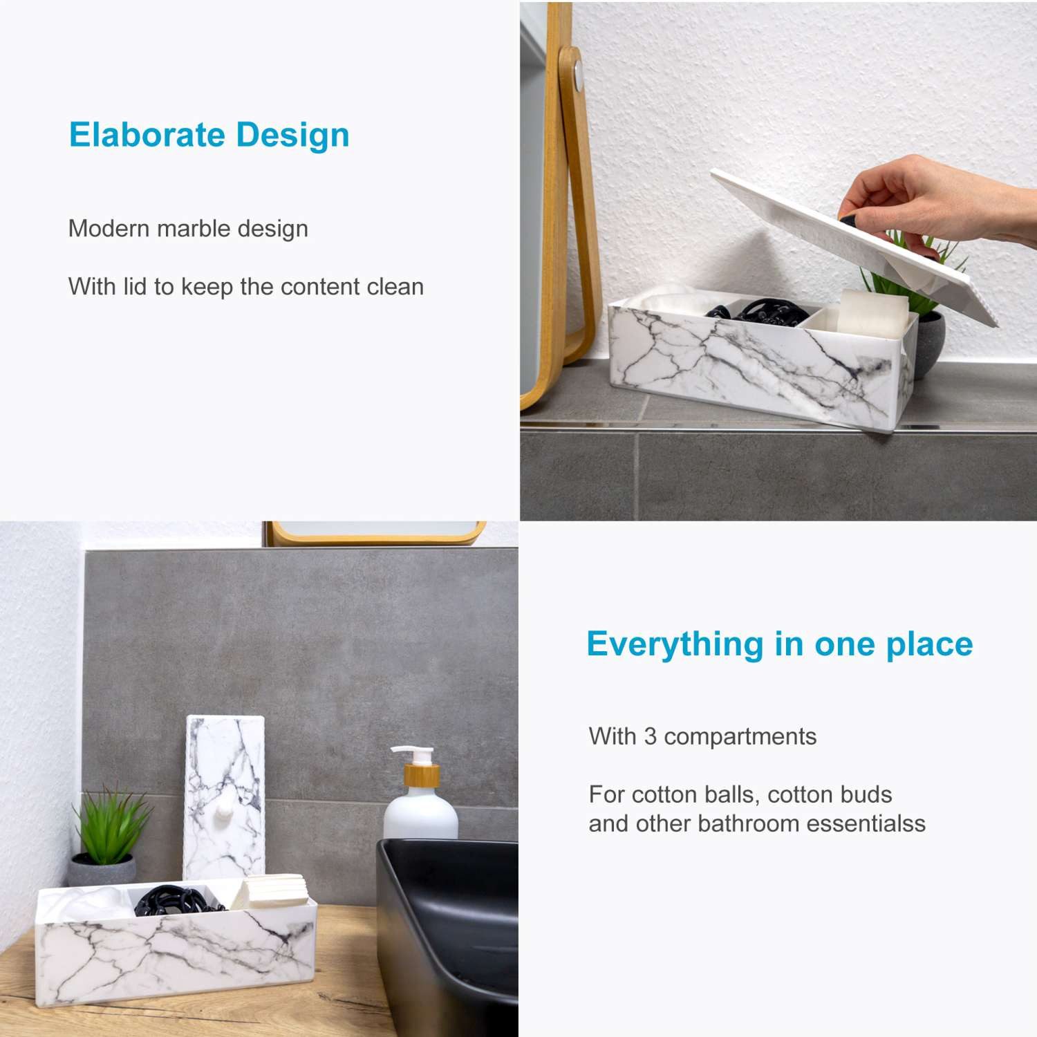 Intirilife Wattestäbchenspender, (1-tlg), Spenderbox 3 Fächer mit Deckel Badezimmer Aufbewahrungsbox Wattepads