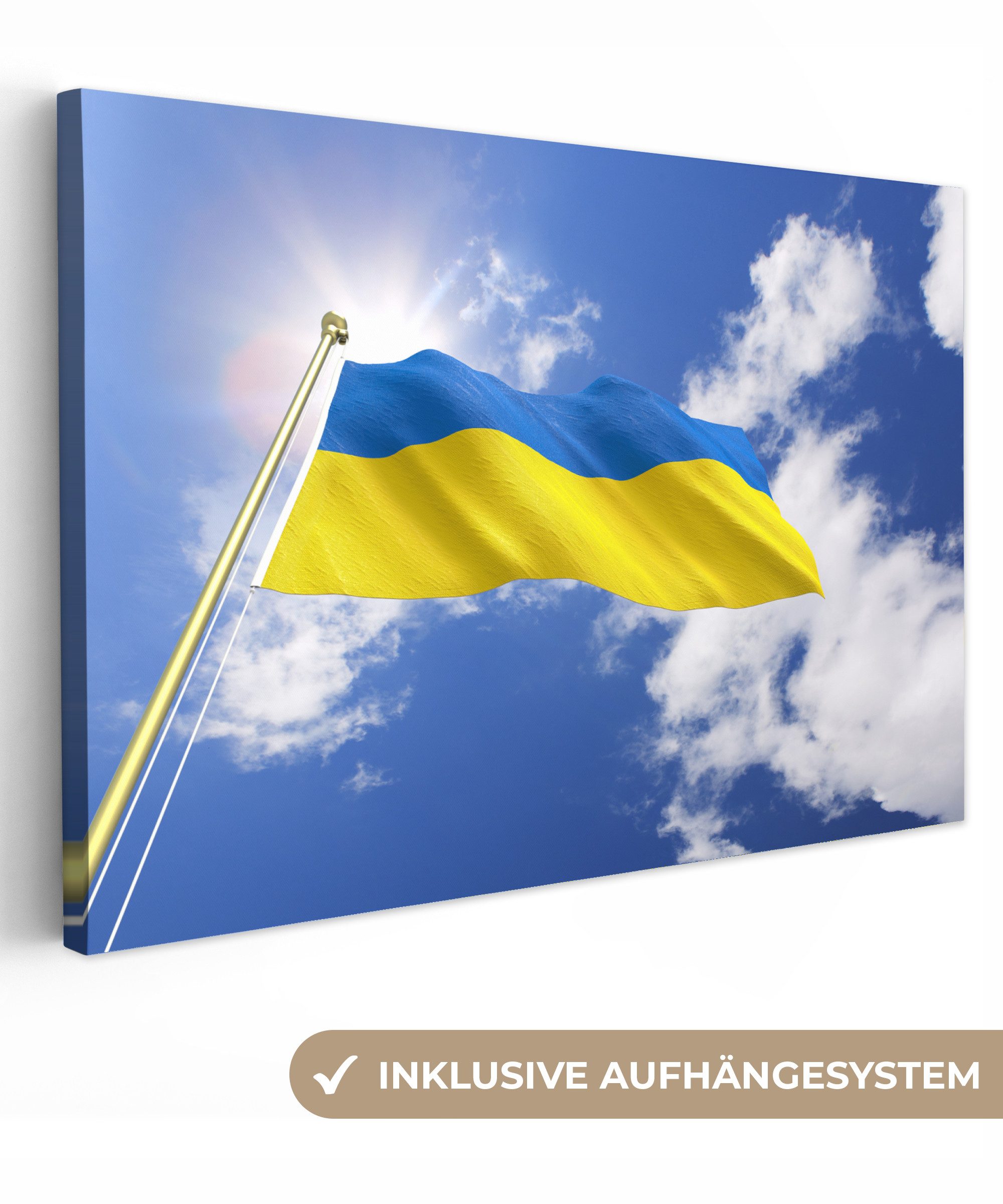 OneMillionCanvasses® Leinwandbild Flagge der Ukraine an einem sonnigen Nachmittag, Fotodruck (1 St), Wandbilder Wohnzimmer Schlafzimmer 90x60 cm