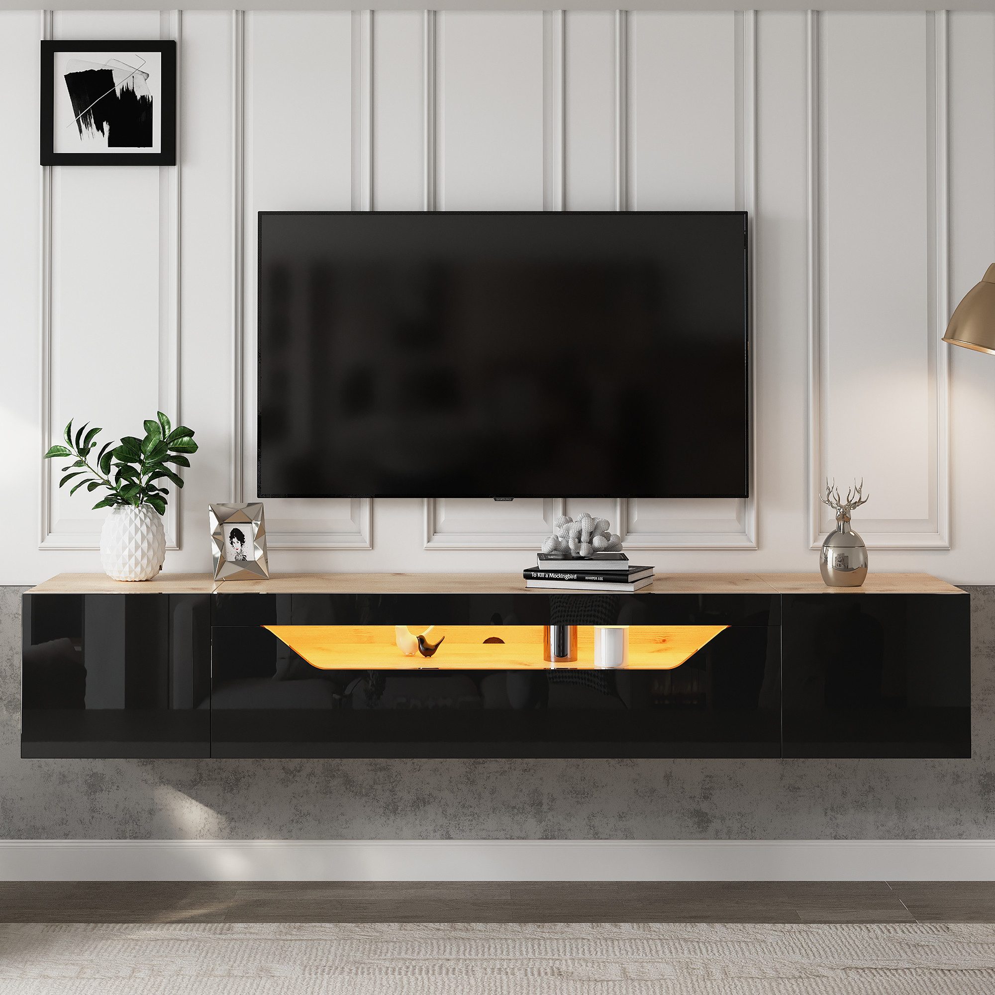 KLAM HOME Lowboard 180*37*36cm Fernsehschrank mit 3 Staufächern Lowboard (Hochglanz-TV-Schrank mit LED-Licht, Fernsehtisch), Passend für 75-Zoll-Fernseher,Schwarz + Original Holzfarbe