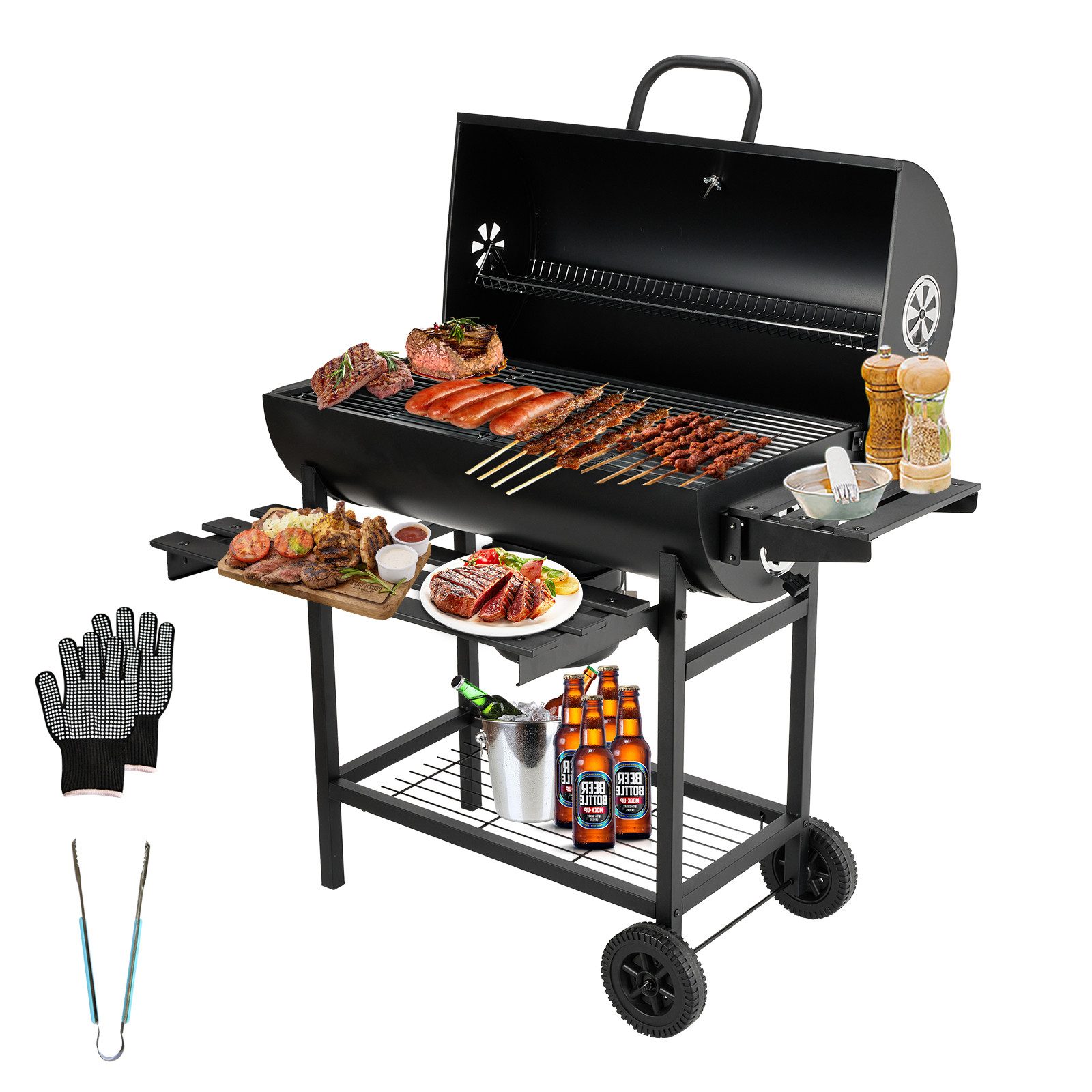 TEENO Holzkohlegrill mit Thermometer, Ascheschublade, verstellbarer Entlüftung, großer Holzkohlegrill XXL mit Verbrühungsschutz