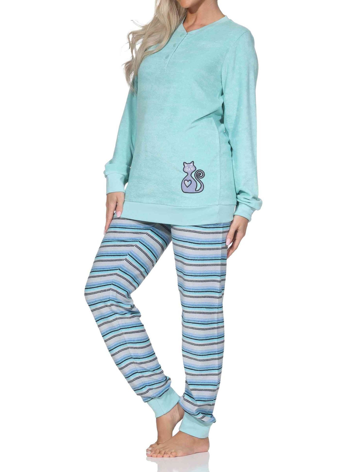 Normann Pyjama Normann Damen Frottee Pyjama lang mit Bündchen + Tier-Motiv – Bild 2 von 5