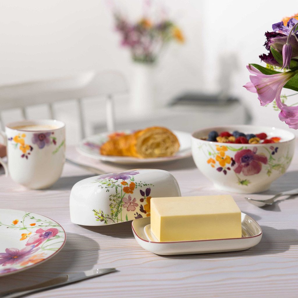 Villeroy & Boch Butterdose Mariefleur Basic Butterdose 2tlg. 15x12,5x6,5cm, Porzellan, (1-tlg), Premium Porcelain, mikrow.- & spülm.sicher, Made in Germany