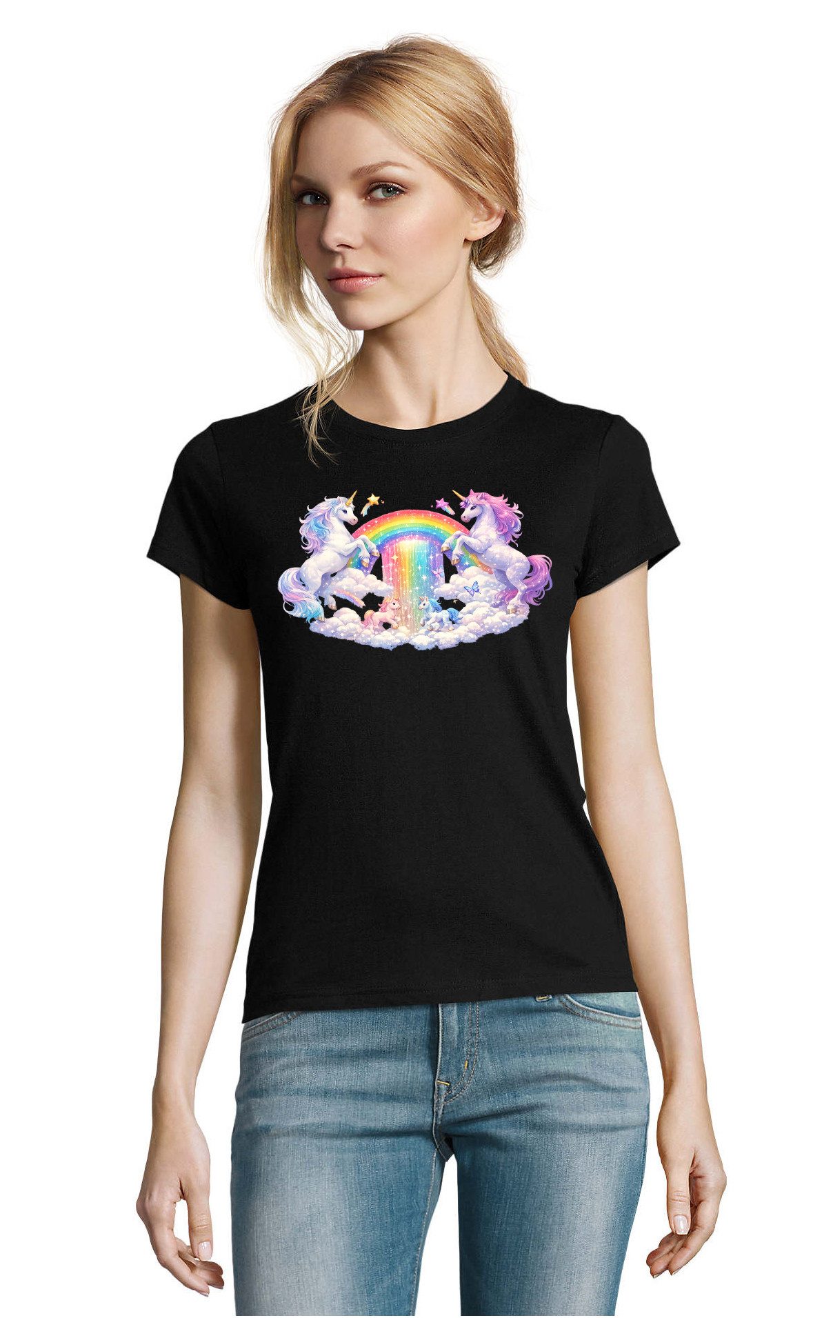 Blondie & Brownie T-Shirt Unicorn Rainbow Damen T Shirt Einhorn Regenbogen Print Motiv Magie (Einzelstück, Einzelartikel) Unicorn Rainbow D Tee Fantasymotiv