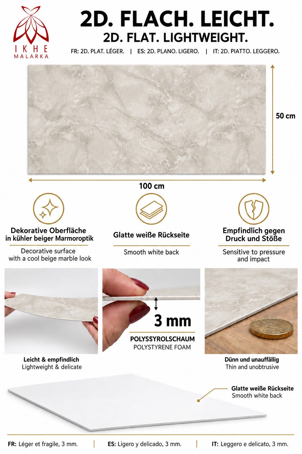 IKHEMalarka 3D Wandpaneel Betonoptik Marmor Ziegel aus Polystyrol Styropor XPS, BxL: 50,00x100,00 cm, 0,50 qm, (1 Stück, 0,5m) Deckenpaneelen - 3mm dick - 100x5 – Bild 4 von 5