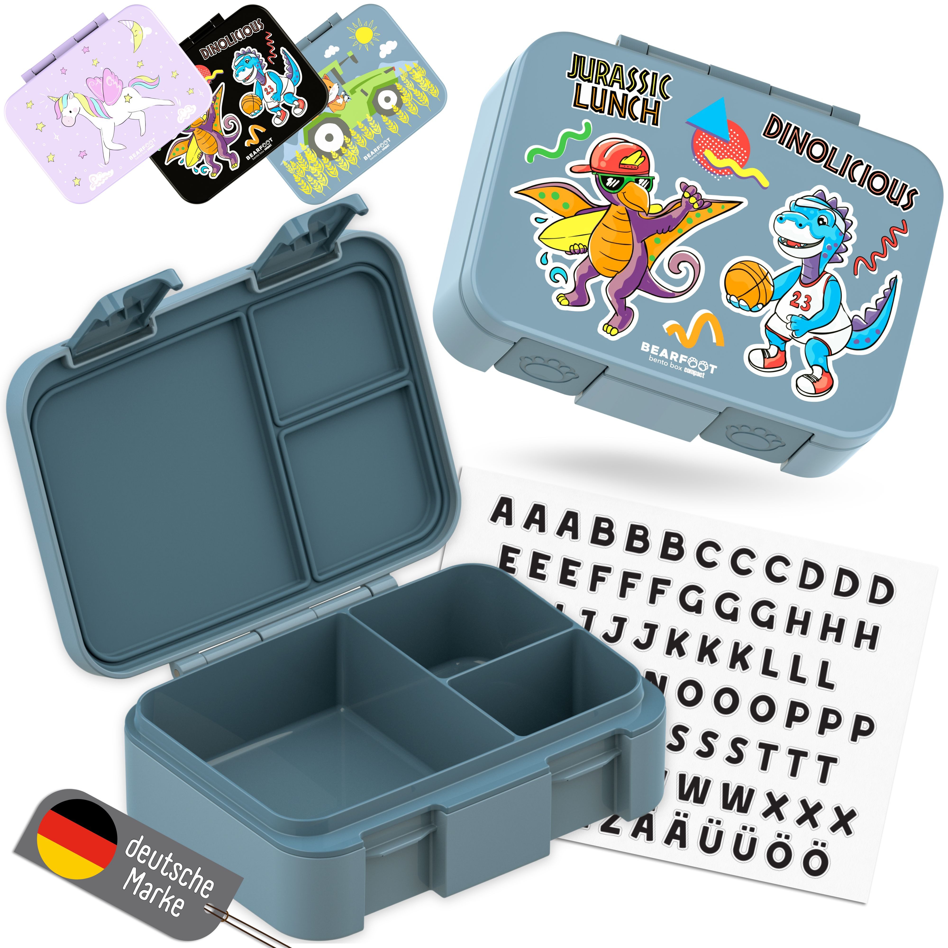 BEARFOOT Lunchbox Brotdose mit Fächern, leicht & auslaufsicher - Dinos blau, PP, ABS, Silikon, Kindergarten und Schule - Mädchen und Jungen, Vesperbox, Snackbox