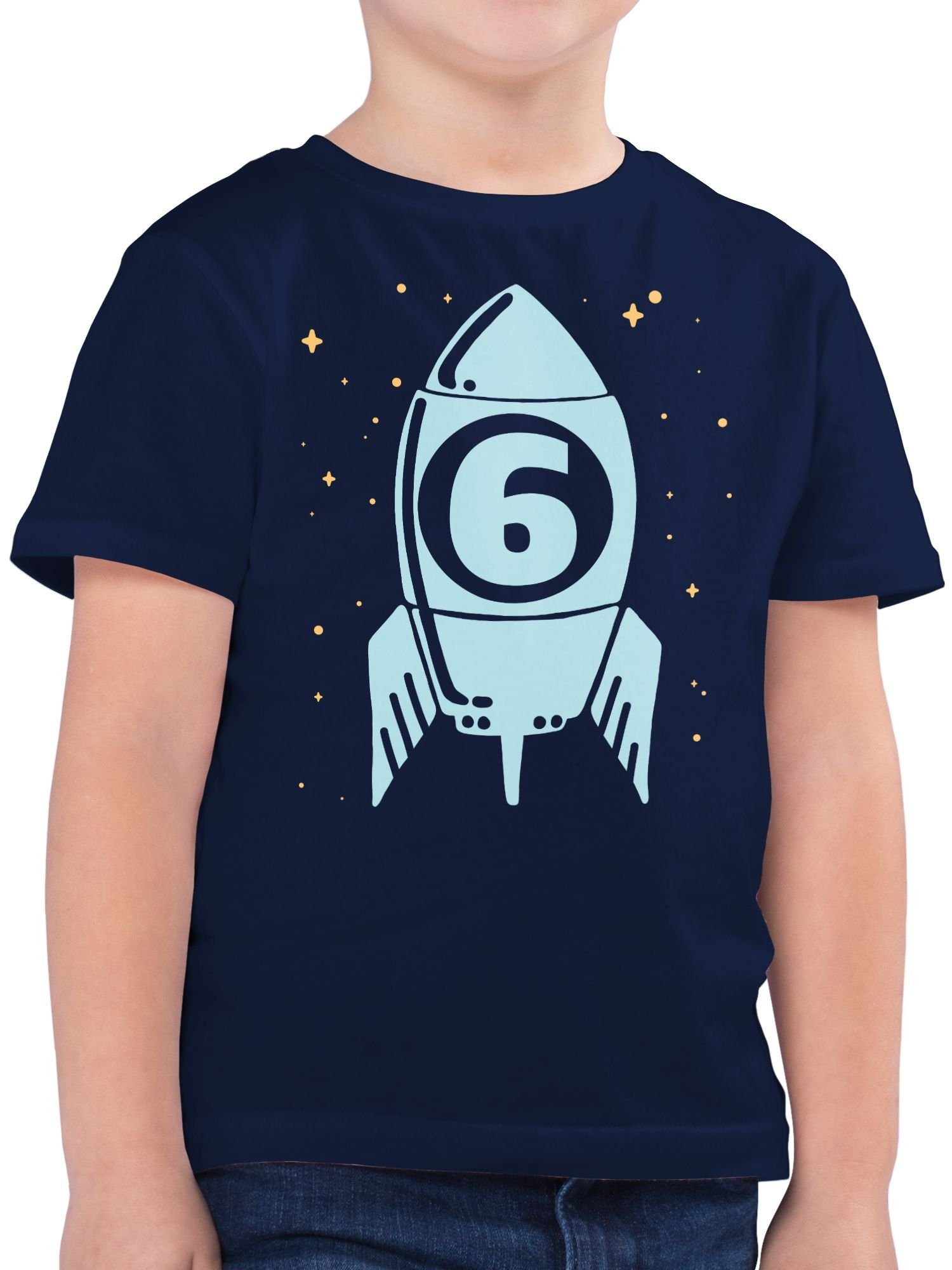 Shirtracer T-Shirt Rakete mit Sternen Sechs blau 6. Geburtstag 2 Dunkelblau