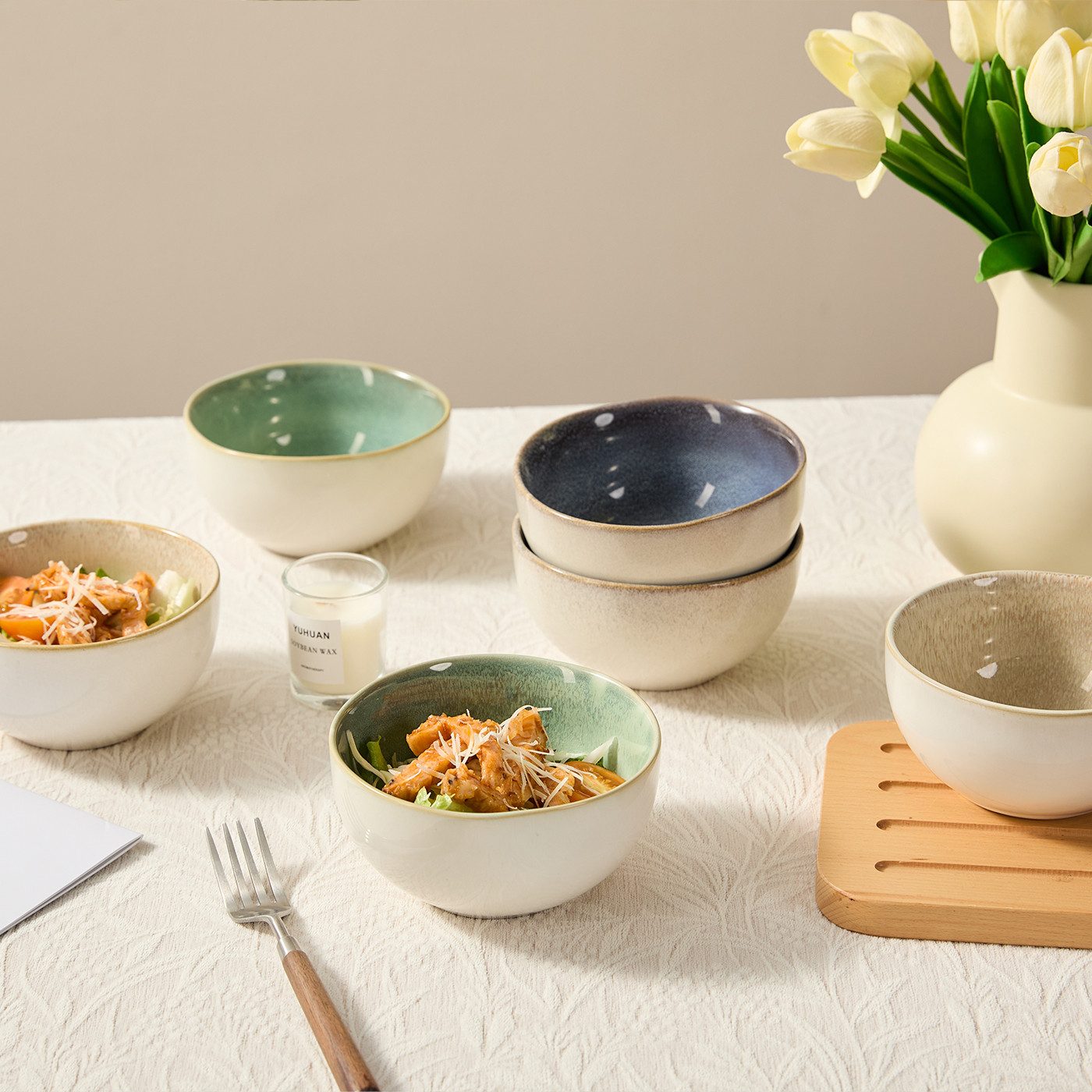 JIWOO Salatschüssel 4er Ø13.5cm, Müslischüssel Suppenschüssel Dessertschale Obstschale, Keramik, (Schüsselset, 6-tlg), Hochwertiges Schüsseln Bunt Mikrowellen und spülmaschinenfest Ø13,5cm